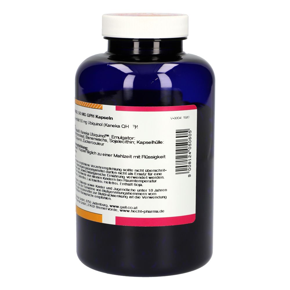 Flacon bleu foncé, bouchon blanc. Étiquette avec ingrédients, recommandation et code-barres.