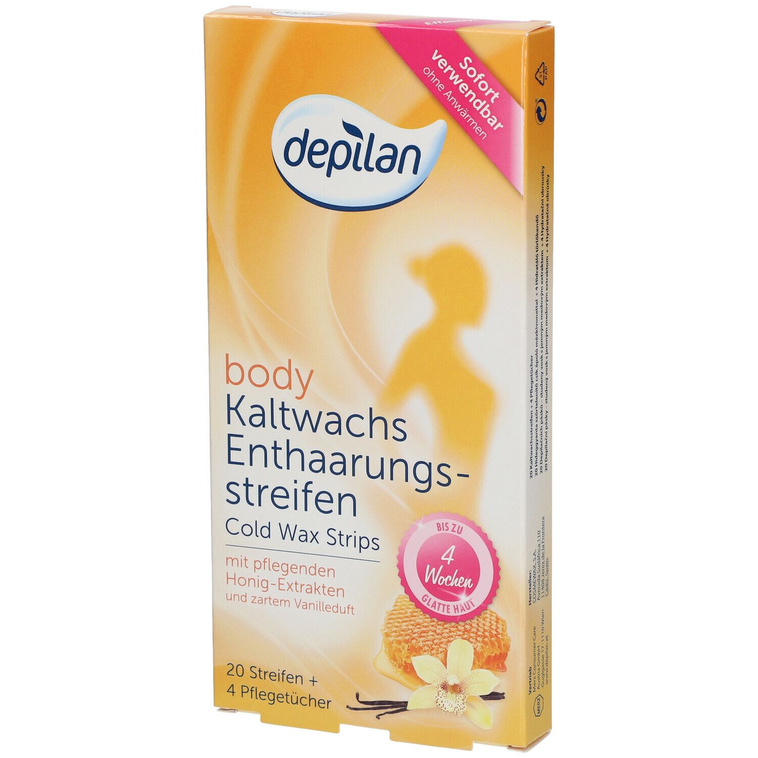 Boîte de bandes dépilatoires. Inscription: depilan body Kaltwachs Enthaarungsstreifen. Extraits de miel et parfum vanille.