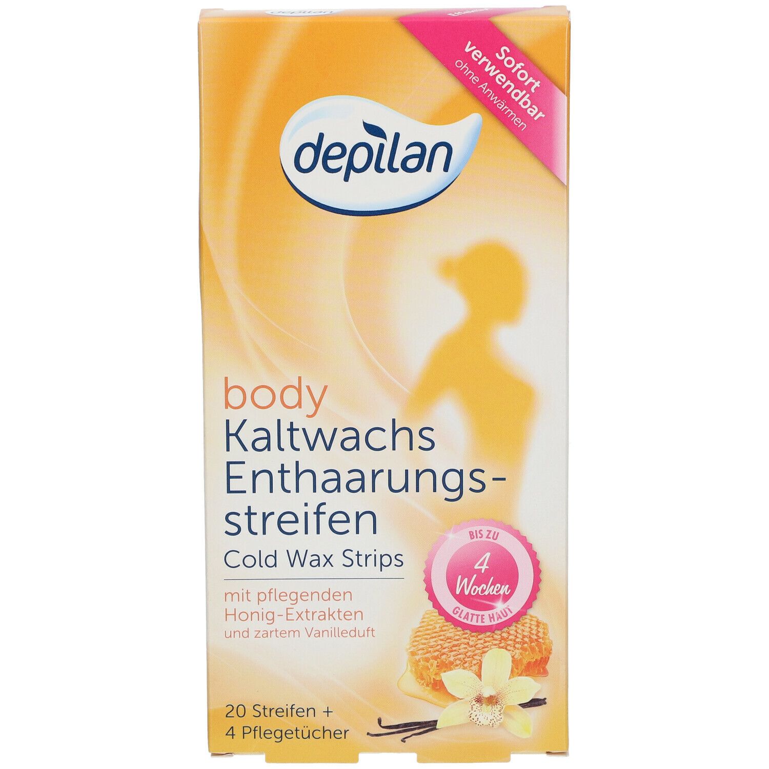 Boîte de bandes dépilatoires. Inscription: depilan body Kaltwachs Enthaarungsstreifen. Extraits de miel et parfum vanille.