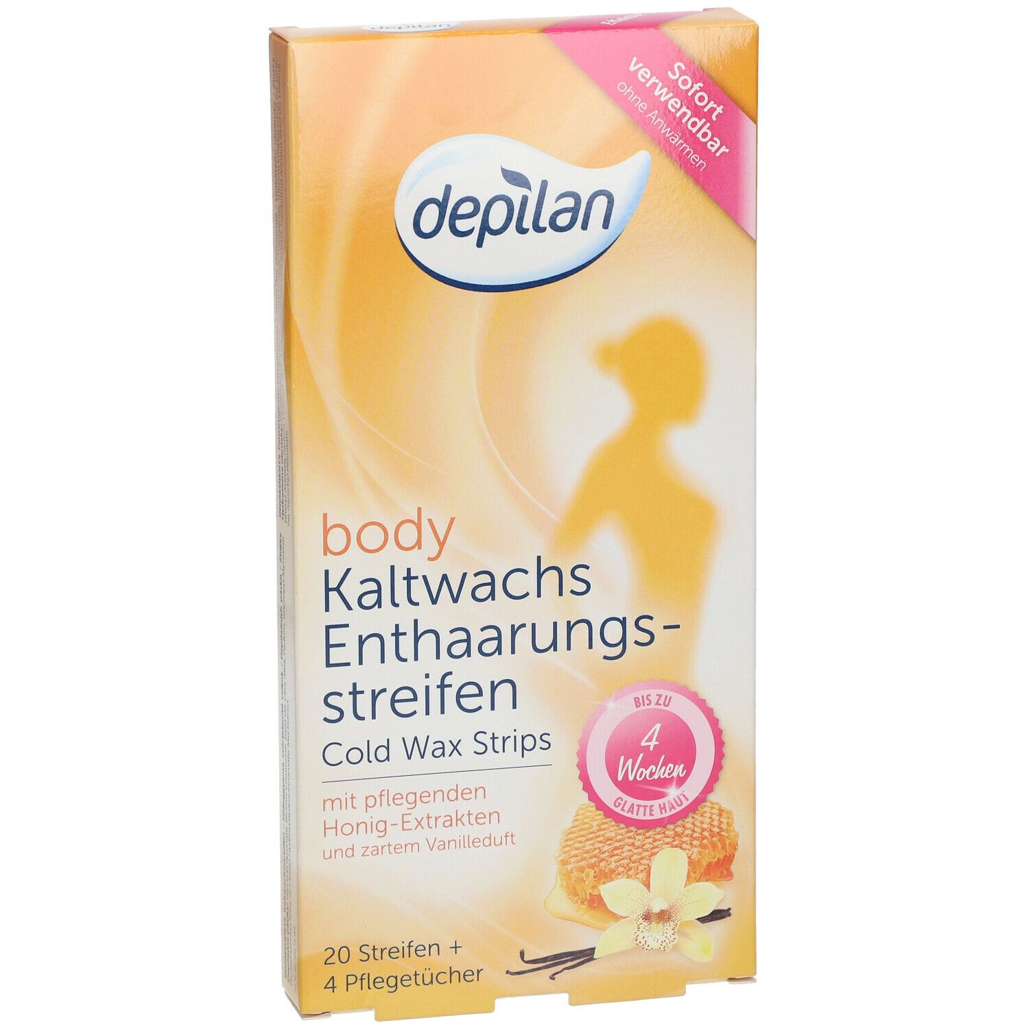 Boîte de bandes dépilatoires. Inscription: depilan body Kaltwachs Enthaarungsstreifen. Extraits de miel et parfum vanille.