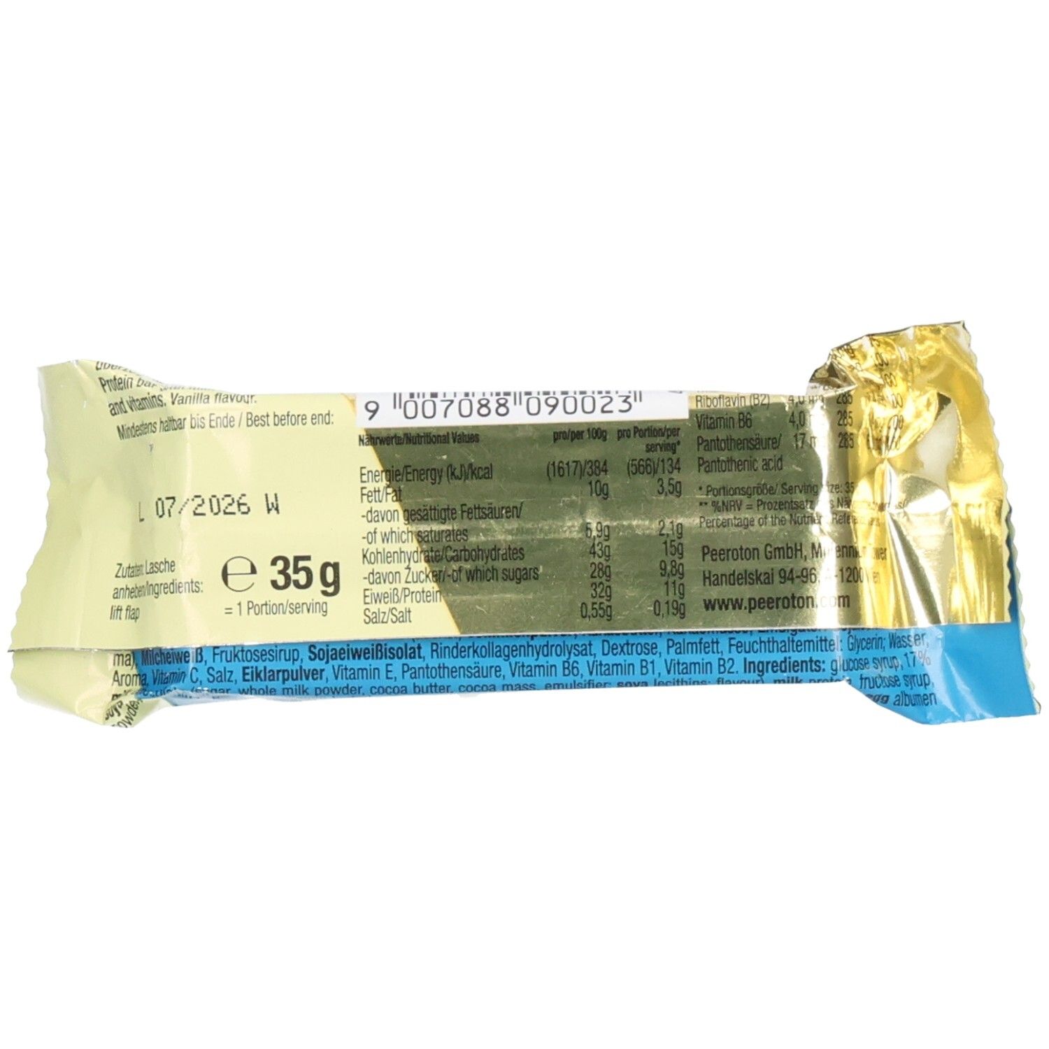 Rückseite eines Proteinriegels. Enthält Nährwertangaben und Zutaten. Marke: peeroton. Gewicht: 35g.