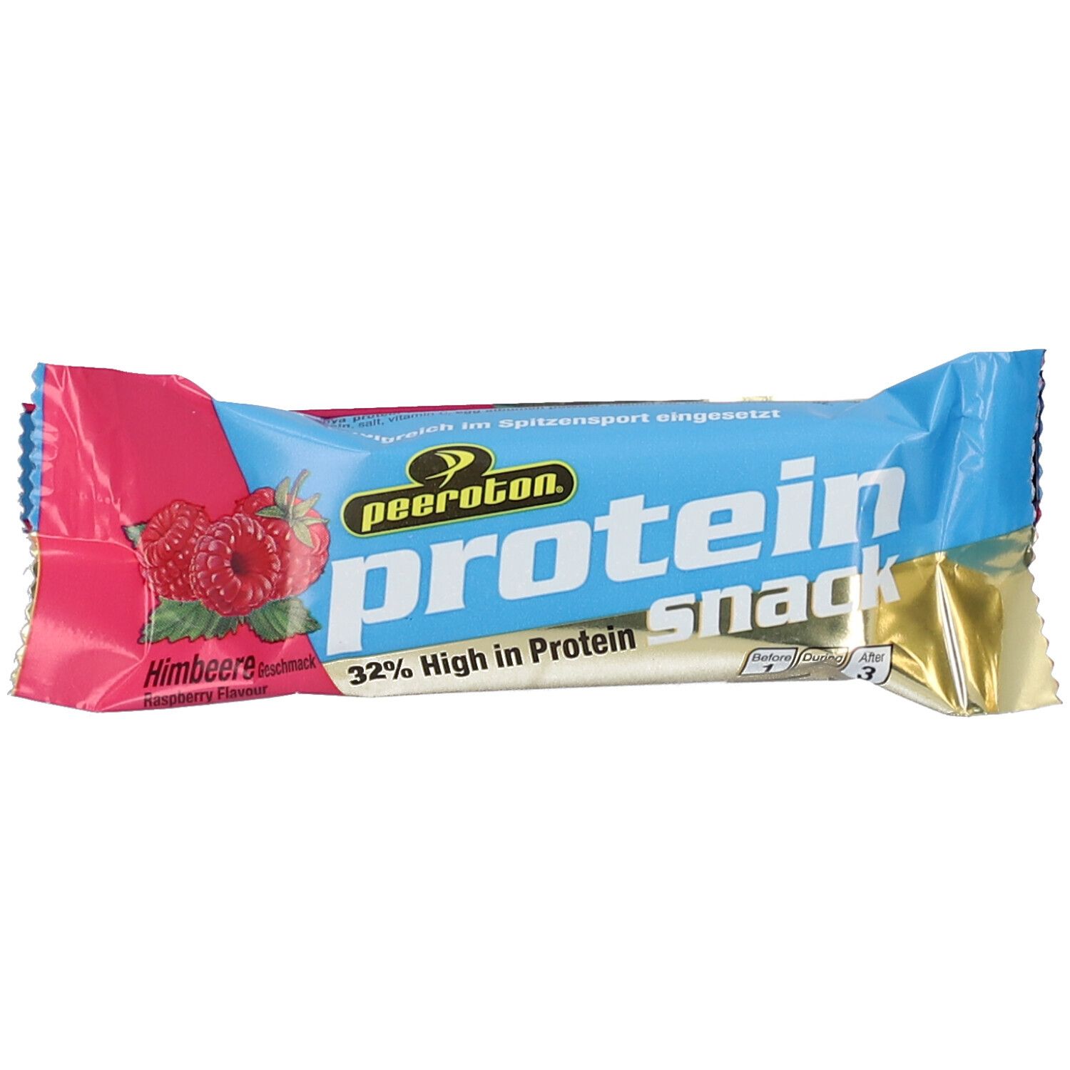 Barre protéinée saveur framboise. Emballage bleu, or et rose. Inscription "peeroton Protein Snack" et "32% High in Protein".