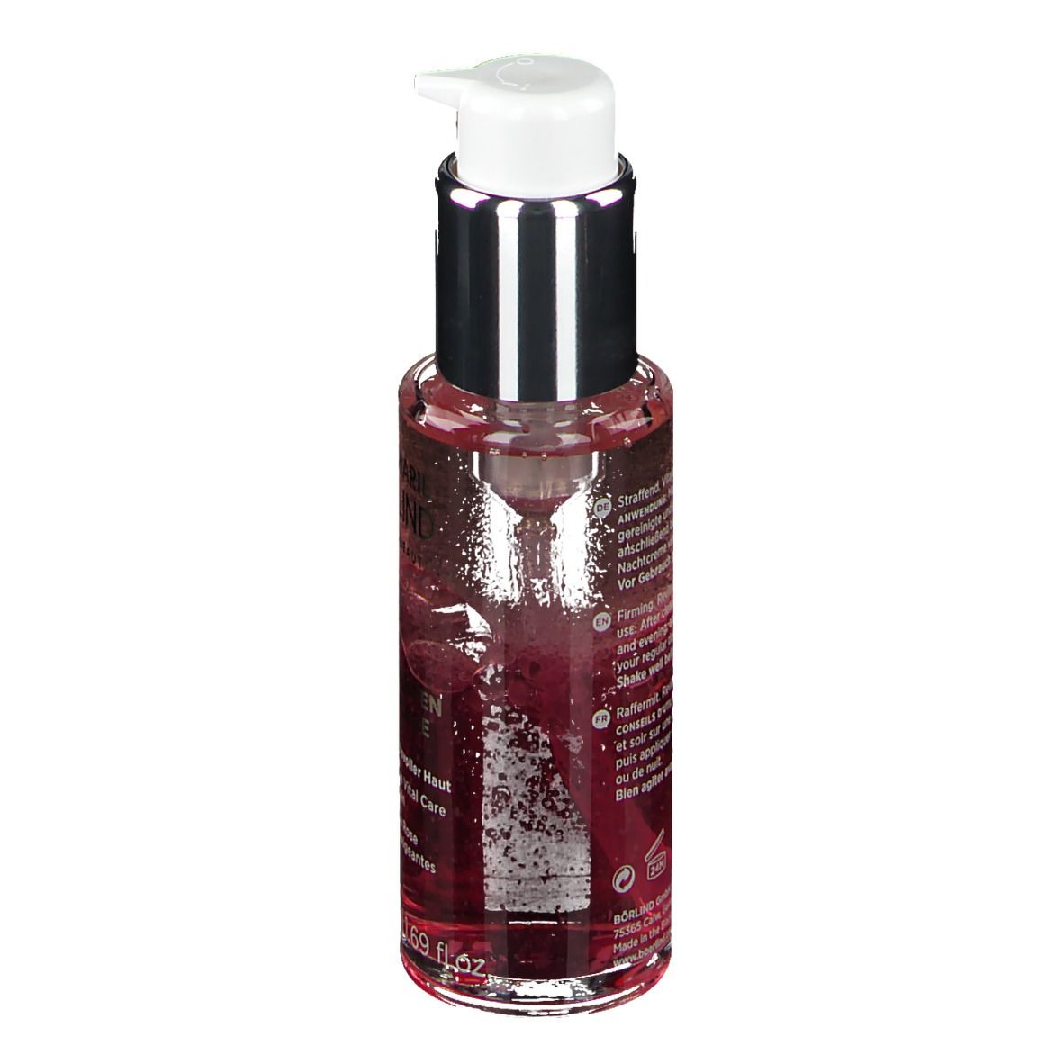 Dos du flacon avec texte. ANNEMARIE BÖRLIND. Rosenblüten Vitalpflege. Pour peaux matures. Avec distributeur.