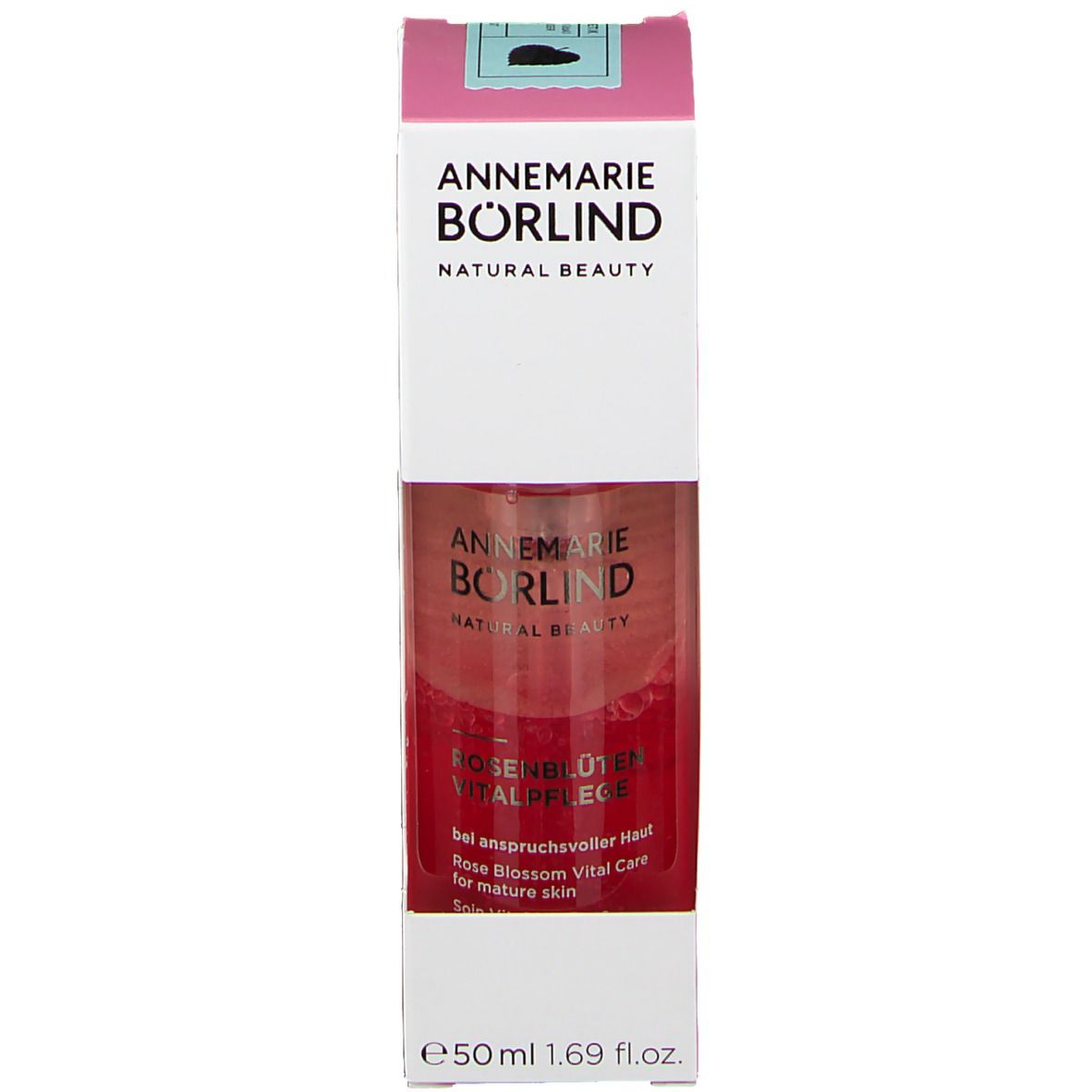 Emballage du produit. Inscription: ANNEMARIE BÖRLIND. Rosenblüten Vitalpflege. Pour peaux matures. Avec flacon.