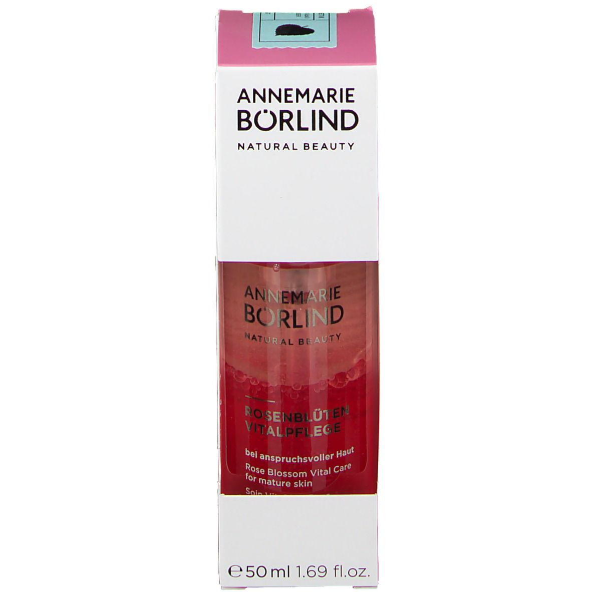 Emballage du produit. Inscription: ANNEMARIE BÖRLIND. Rosenblüten Vitalpflege. Pour peaux matures. Avec flacon.