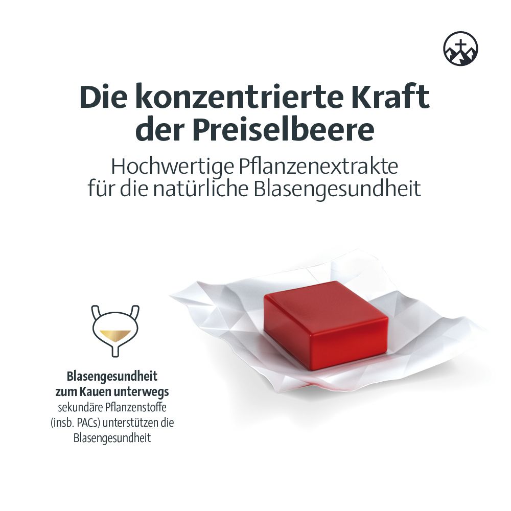 Rotes Toffee auf Papier. Text: Die konzentrierte Kraft der Preiselbeere. Für die Blasengesundheit.