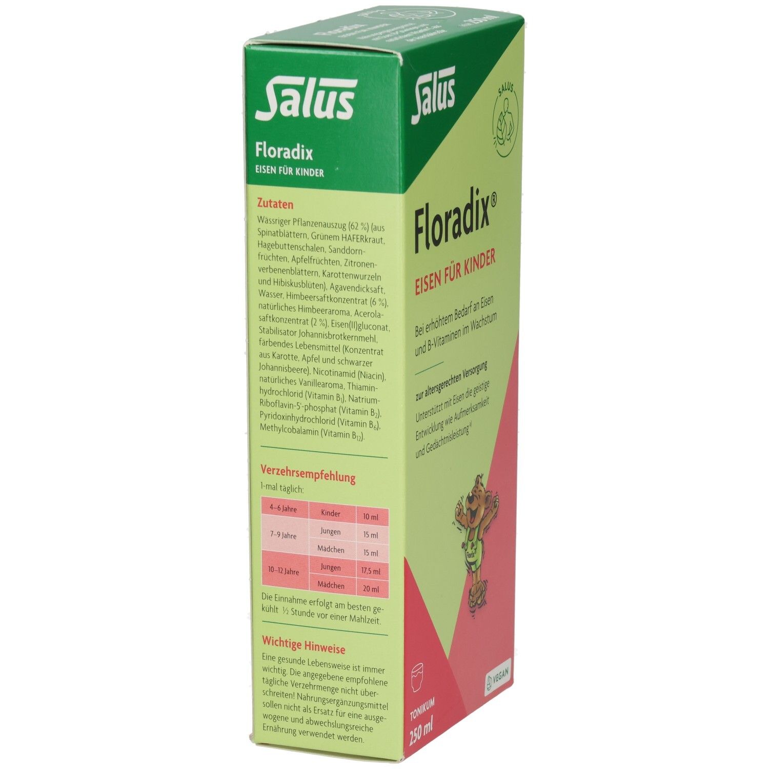 Verpackung von Floradix Eisen für Kinder. Zeigt Zutaten, Dosierungsempfehlung und wichtige Hinweise. Grüne und rote Farben.