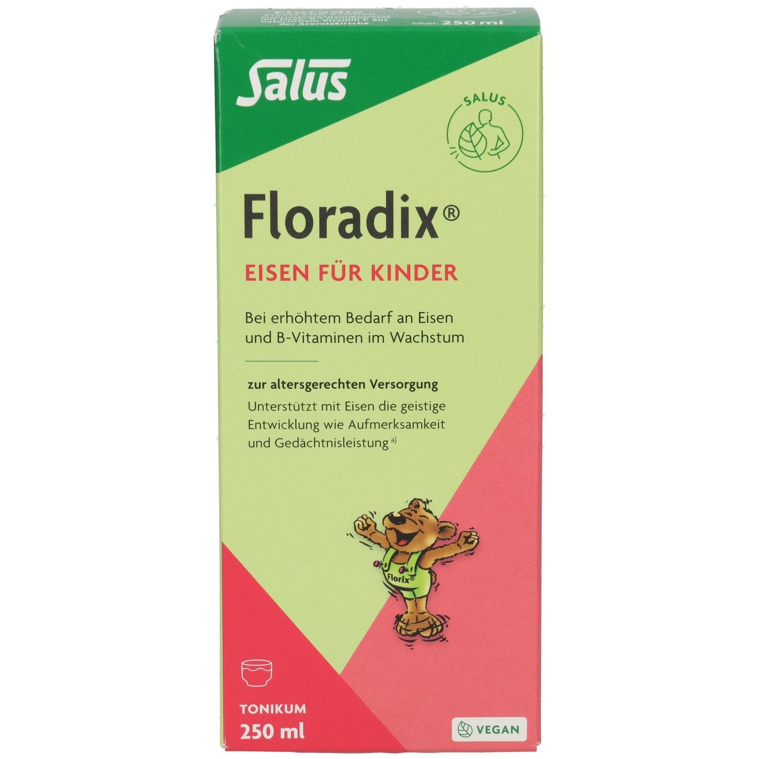 Vorderseite der Verpackung von Floradix Eisen für Kinder. Enthält Text, ein Cartoon-Bären-Bild und das Vegan-Siegel.