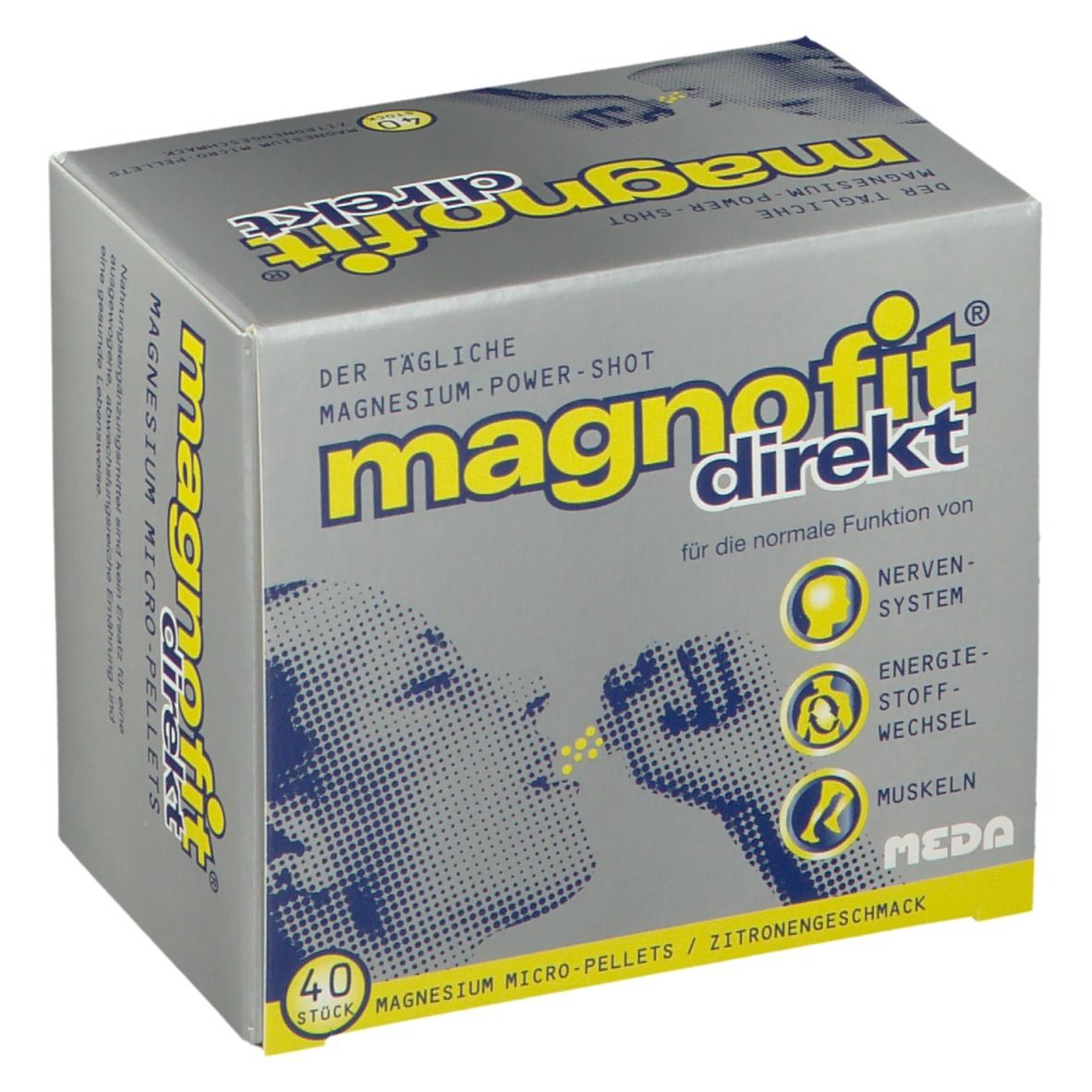 Boîte "magnofit direkt". Inscription : Micro-granulés de magnésium, goût citron. Illustration : Personne prenant des granulés.