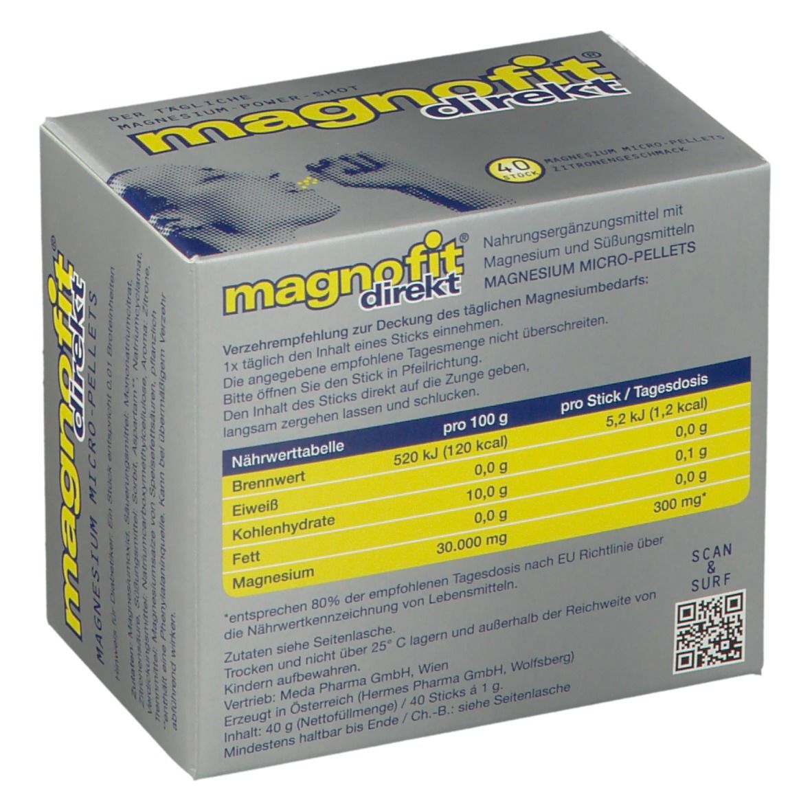 Boîte "magnofit direkt" avec tableau nutritionnel. Inscription : Micro-granulés de magnésium. Contient 40 sticks.