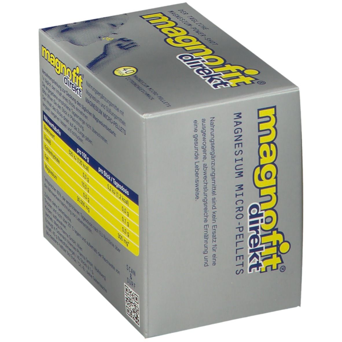 Boîte "magnofit direkt" avec informations nutritionnelles. Inscription : Micro-granulés de magnésium. Contient 40 sticks.