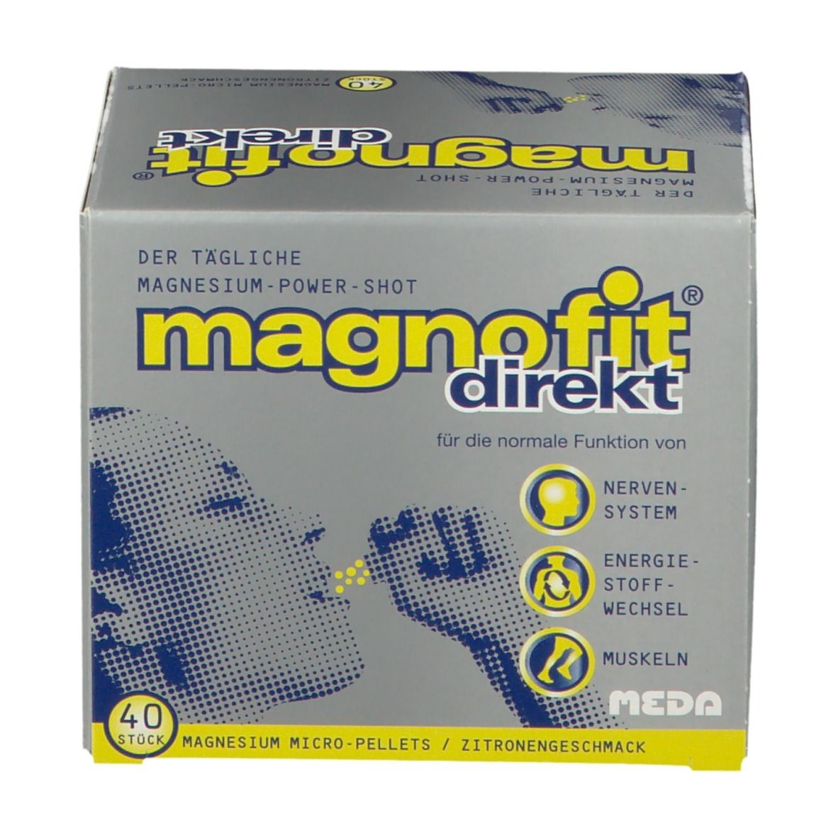Boîte "magnofit direkt". Inscription : Micro-granulés de magnésium, goût citron. Illustration : Personne prenant des granulés.
