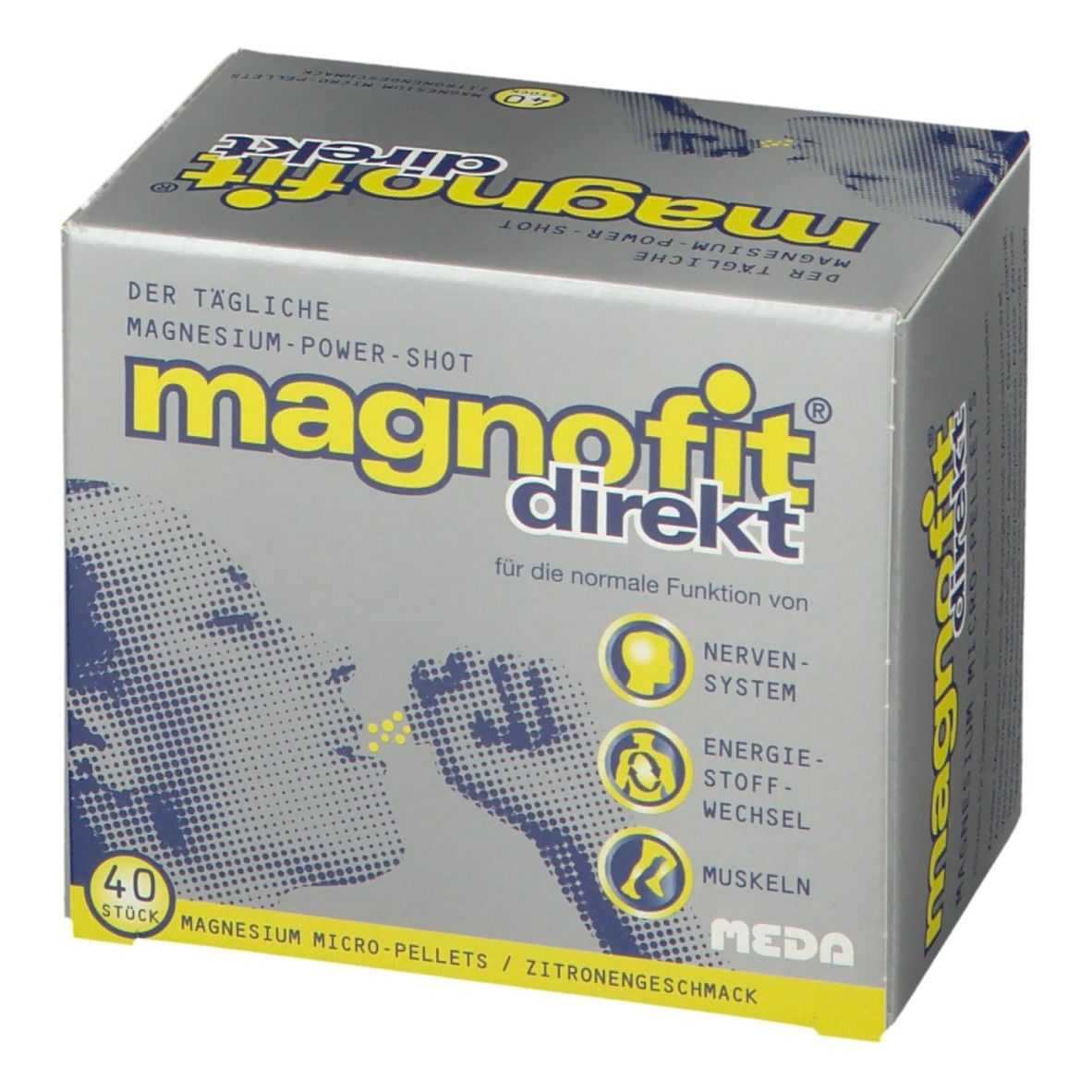 Boîte "magnofit direkt". Inscription : Micro-granulés de magnésium, goût citron. Illustration : Personne prenant des granulés.
