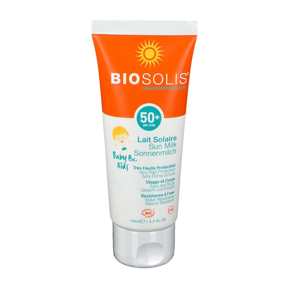 Tube de lait solaire avec bouchon orange. Contient SPF 50+ et est conçu pour bébés et enfants.