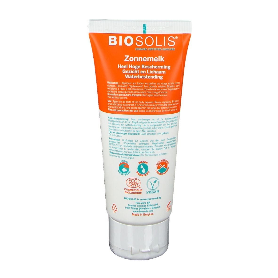 Dos du tube de lait solaire. Contient des informations en néerlandais, ainsi que des certifications bio et vegan.