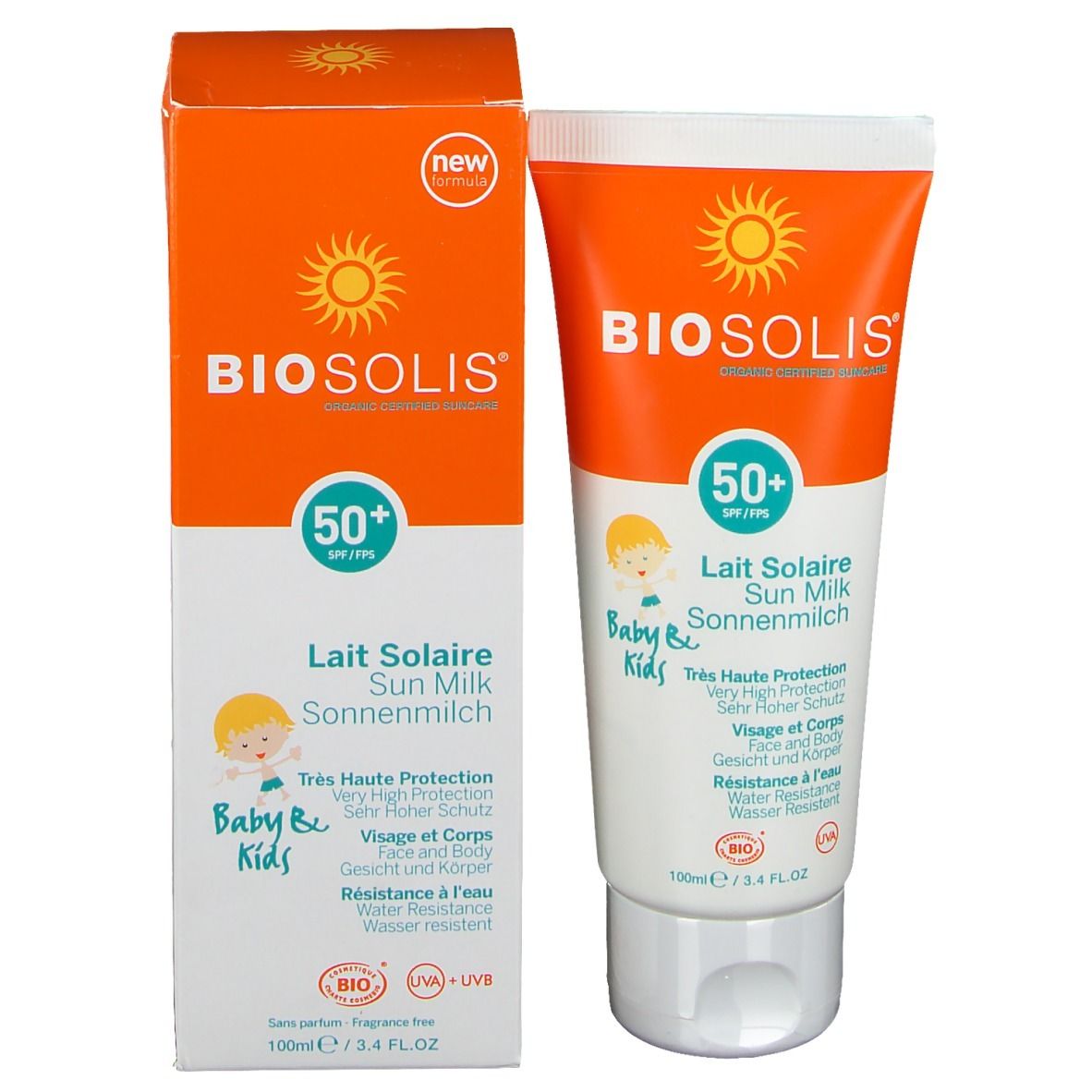 Tube et emballage de lait solaire. Les deux affichent le produit, SPF 50+ et sont pour bébés et enfants.