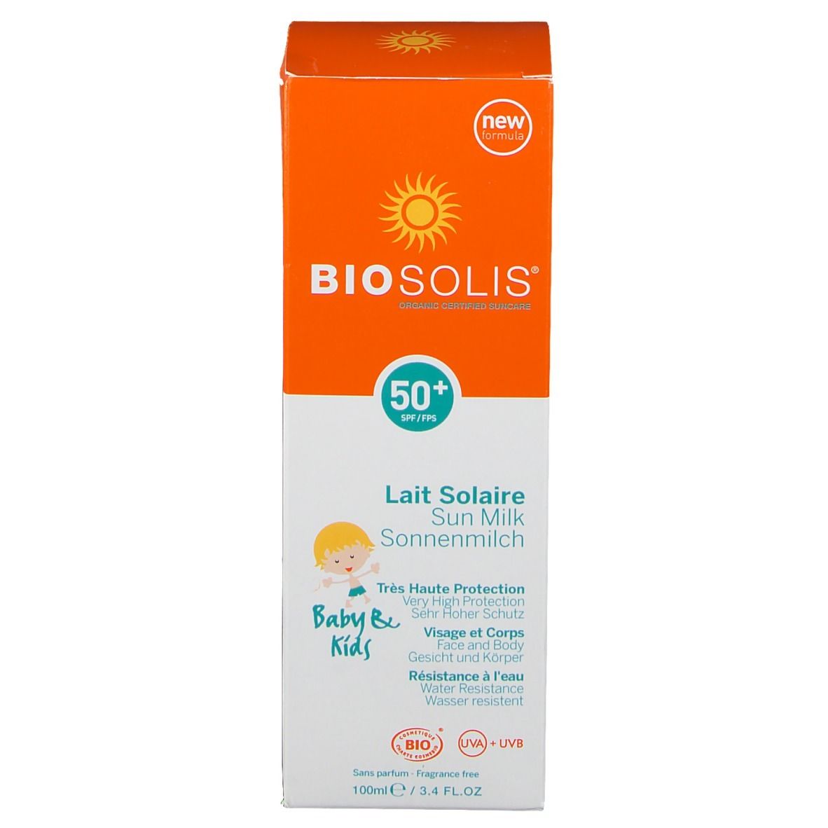 Emballage de lait solaire. Affiche le produit, SPF 50+ et est pour bébés et enfants.