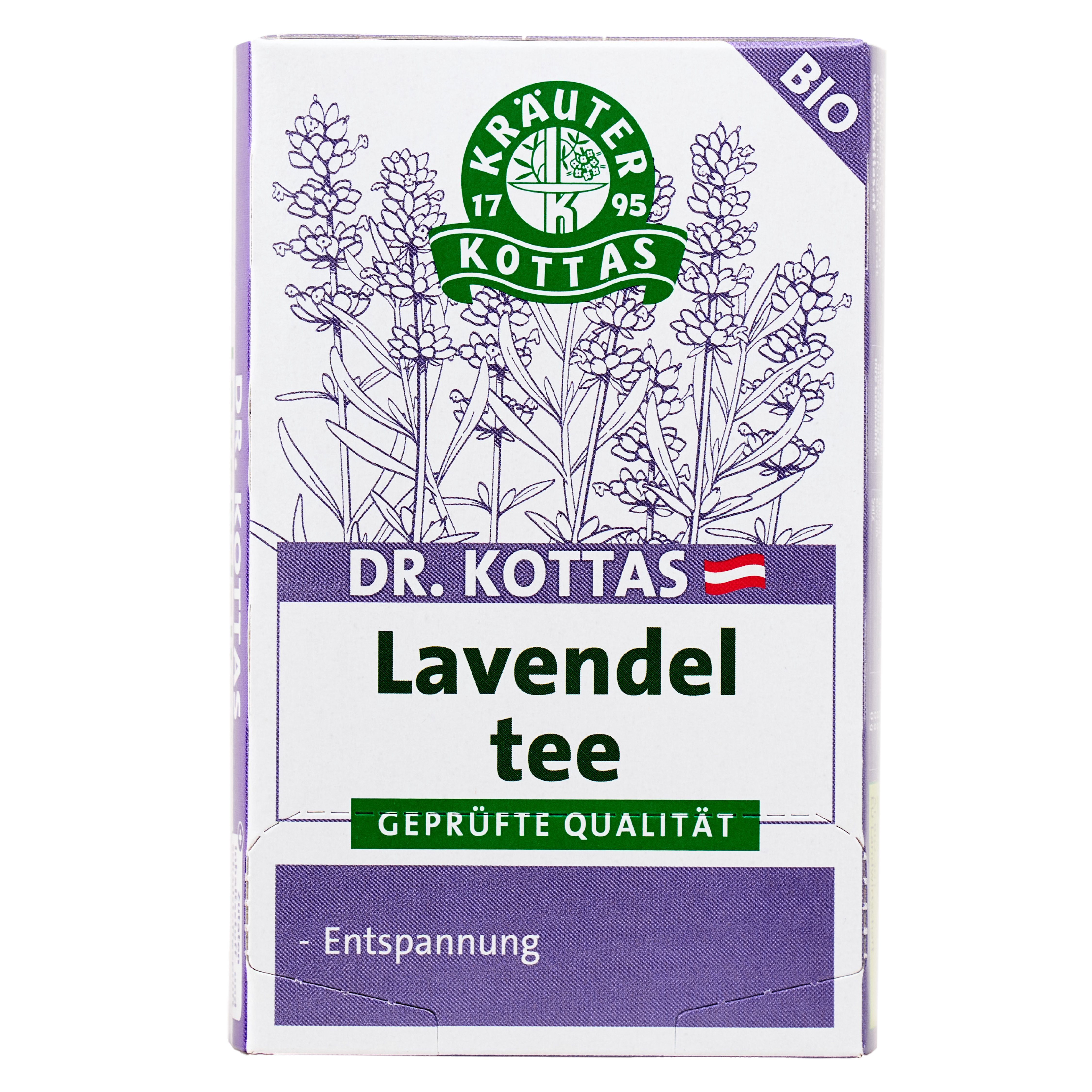 Dr. Kottas Lavendel Tee Packung mit Kräuter-Kottas Logo und Bio-Siegel.