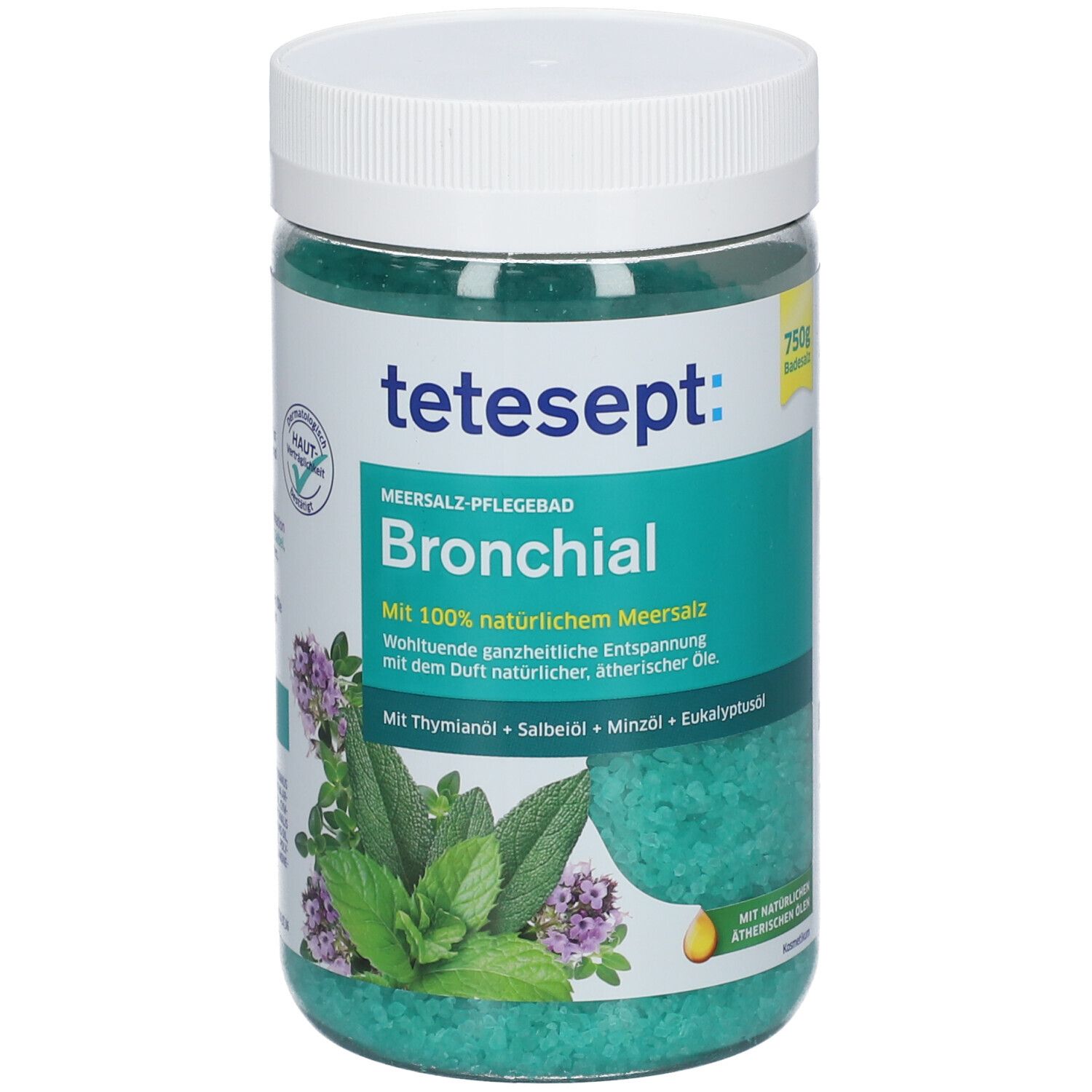 tetesept Bronchial bain de soin au sel marin dans un récipient transparent. Sel de bain verdâtre avec des herbes. Couvercle blanc. Inscription.