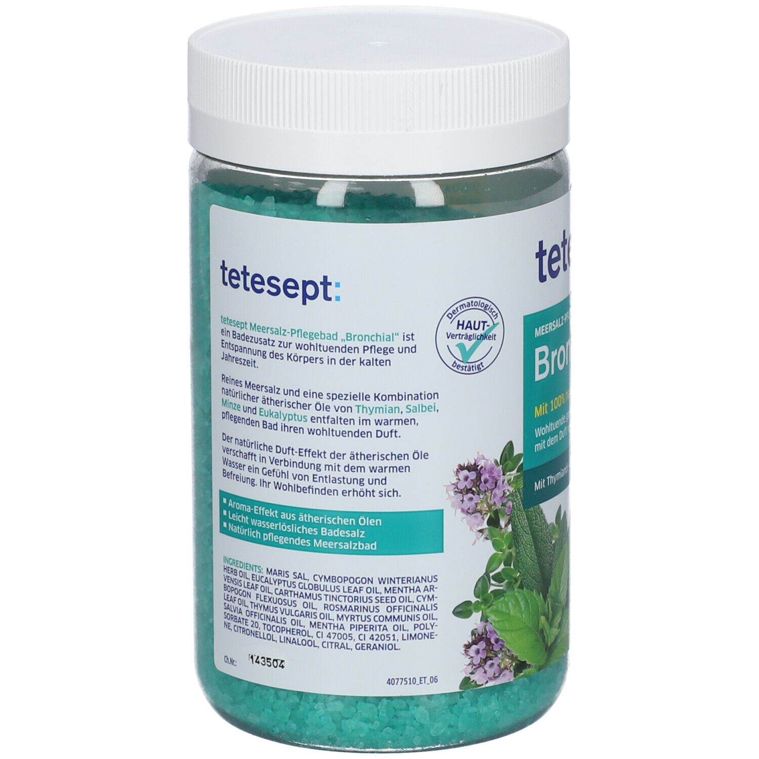 Dos de l'emballage tetesept Bronchial. Texte sur les ingrédients et l'utilisation. Sel de bain vert dans un récipient transparent.