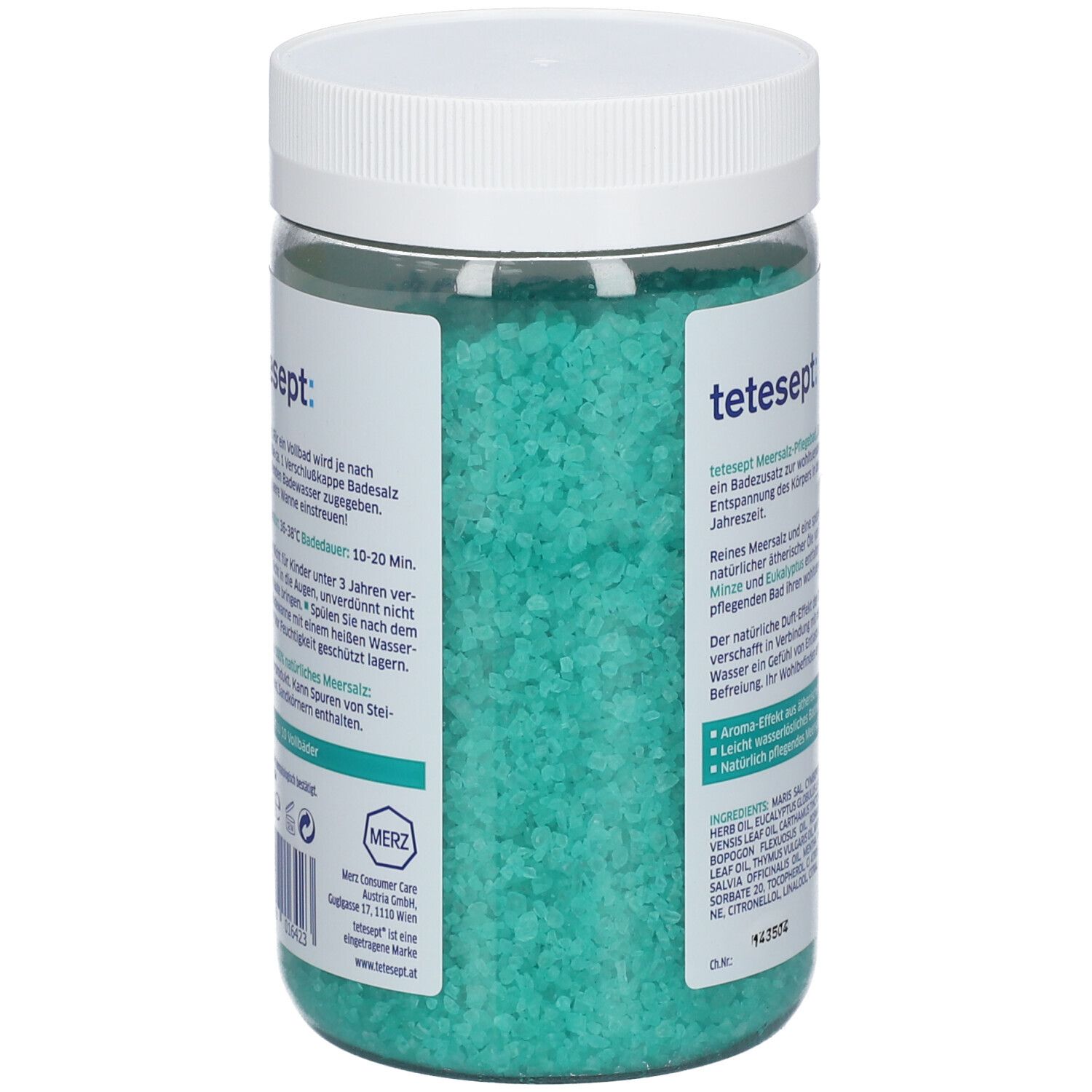 Dos de l'emballage tetesept Bronchial. Sel de bain vert dans un récipient transparent. Texte sur l'utilisation et les conseils.