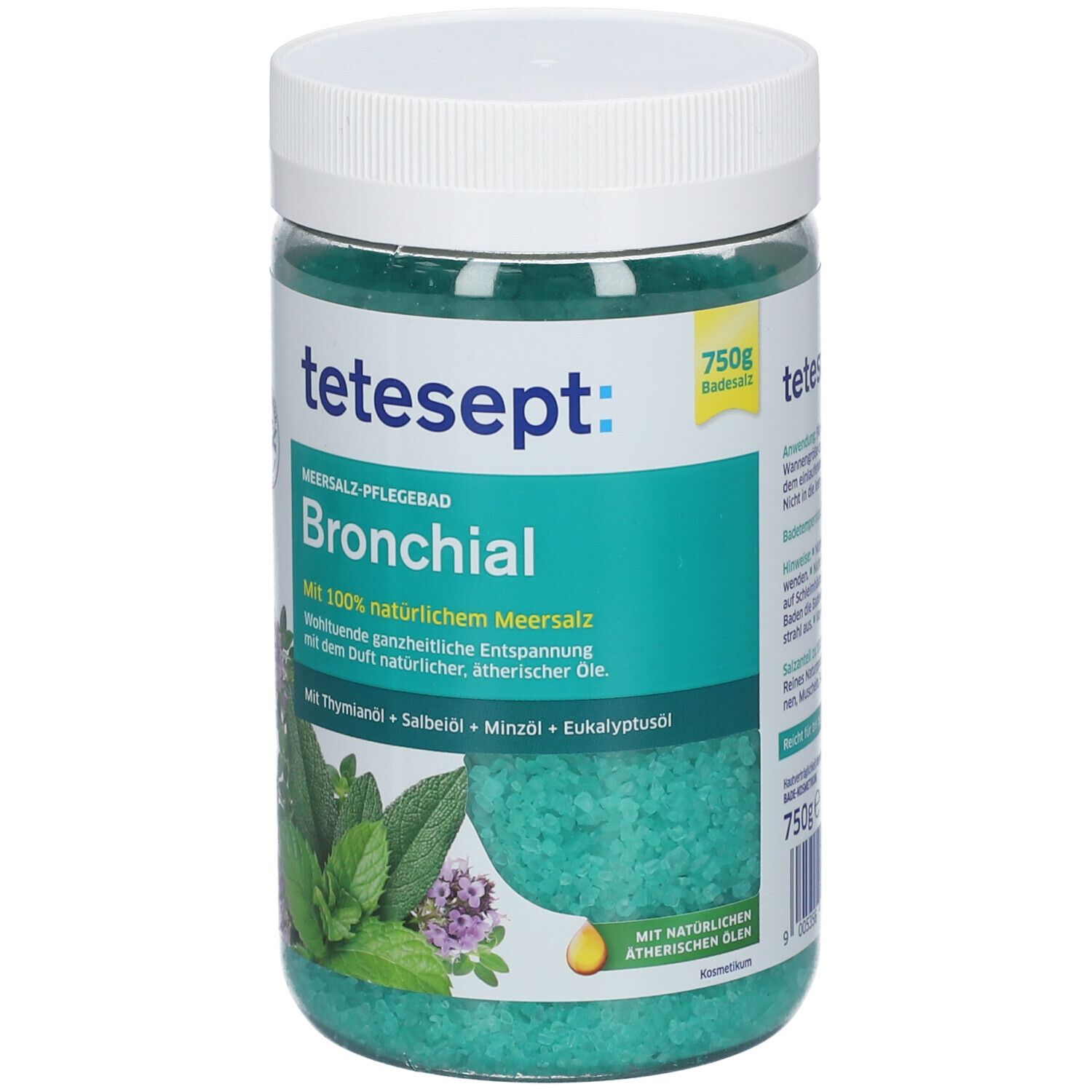 tetesept Bronchial bain de soin au sel marin dans un récipient transparent. Sel de bain vert. Couvercle blanc. Inscription et indication 750g.