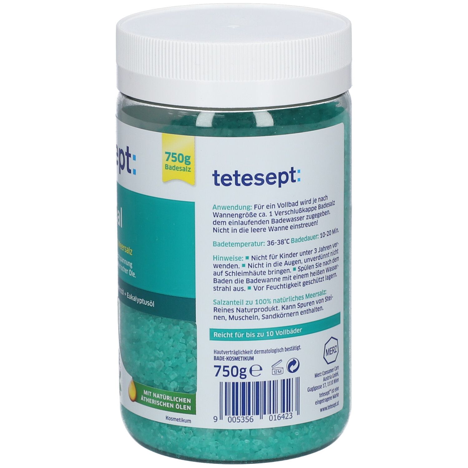 Dos de l'emballage tetesept Bronchial. Sel de bain vert dans un récipient transparent. Texte, indication 750g et conseils.