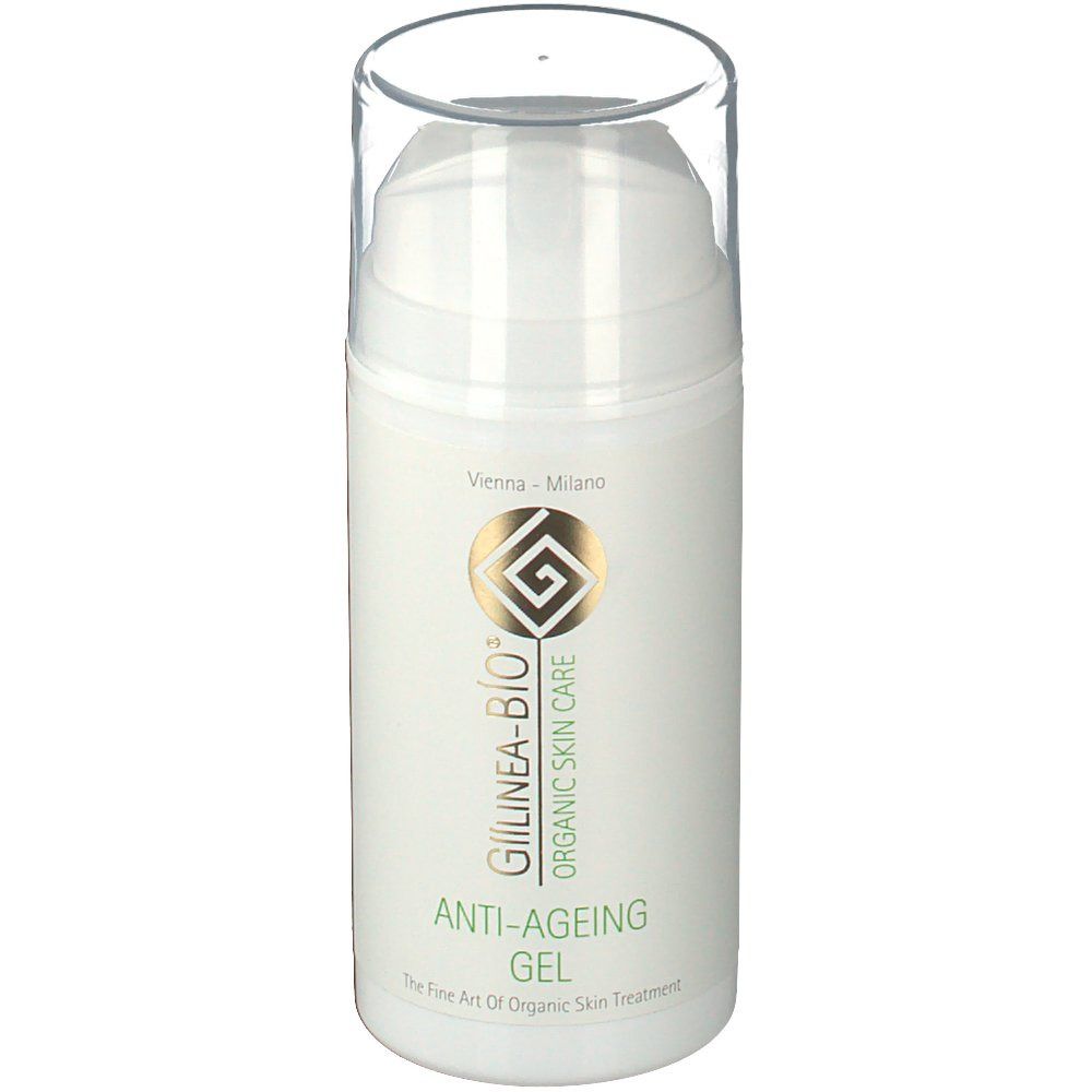 Weißer Spender mit durchsichtigem Deckel. Goldfarbenes Logo und Schriftzug GÍÍLINEA-BÍO® Anti-Ageing Gel.