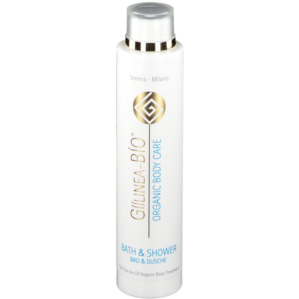 Flacon blanc avec bouchon argenté. Inscription : GÍÍLINEA-BÍO®, ORGANIC BODY CARE, BATH & SHOWER. Logo doré.
