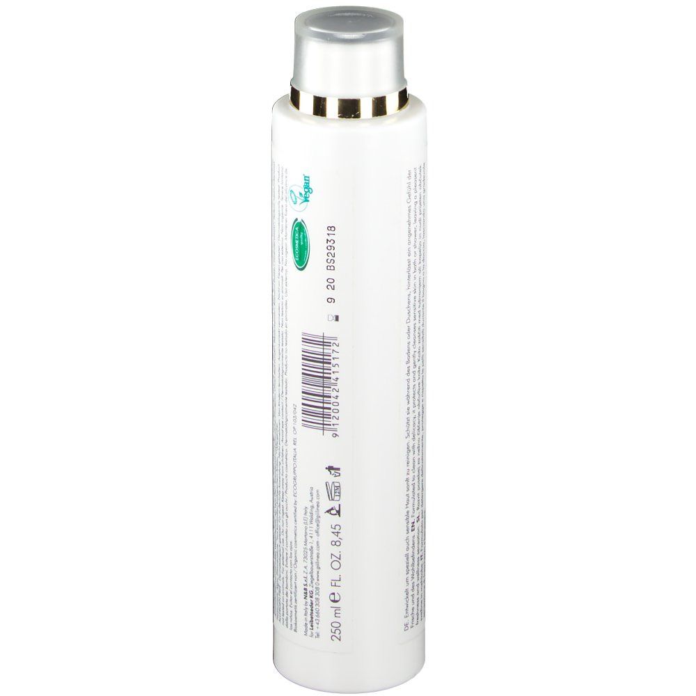 Flacon blanc, dos. Code-barres, texte et logos. Bouchon argenté. 250 ml.