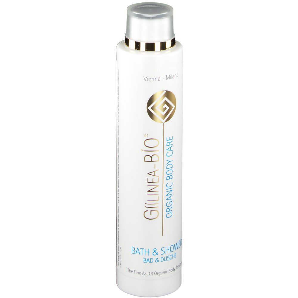 Flacon blanc avec bouchon argenté. Inscription : GÍÍLINEA-BÍO®, ORGANIC BODY CARE, BATH & SHOWER. Logo doré.
