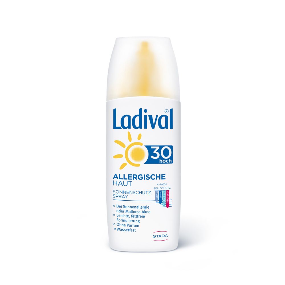 Ladival® Allergische Haut Sonnenschutz Spray LSF 30. Weiße Flasche mit gelbem Sprühkopf. Sonnensymbol, Text: Allergische Haut, LSF 30 hoch.