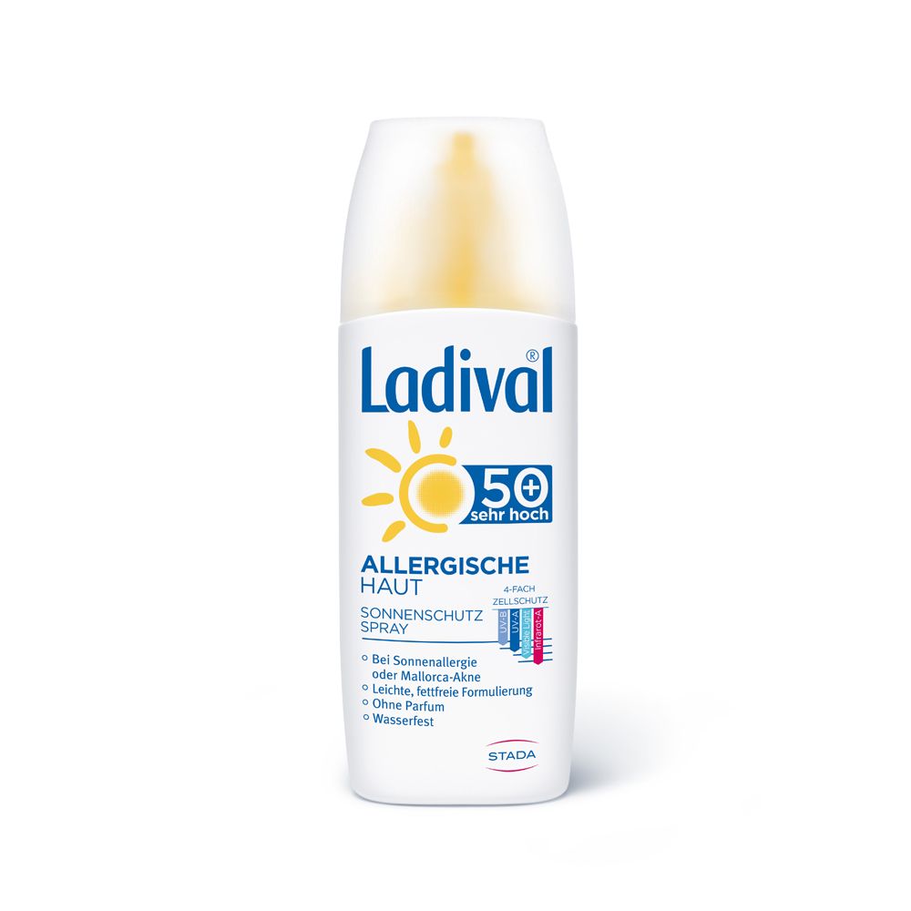 Ladival Allergische Haut Sonnenschutz Spray LSF 50+. Weiße Flasche mit gelbem Sprühkopf. Logo und Produktinformationen.