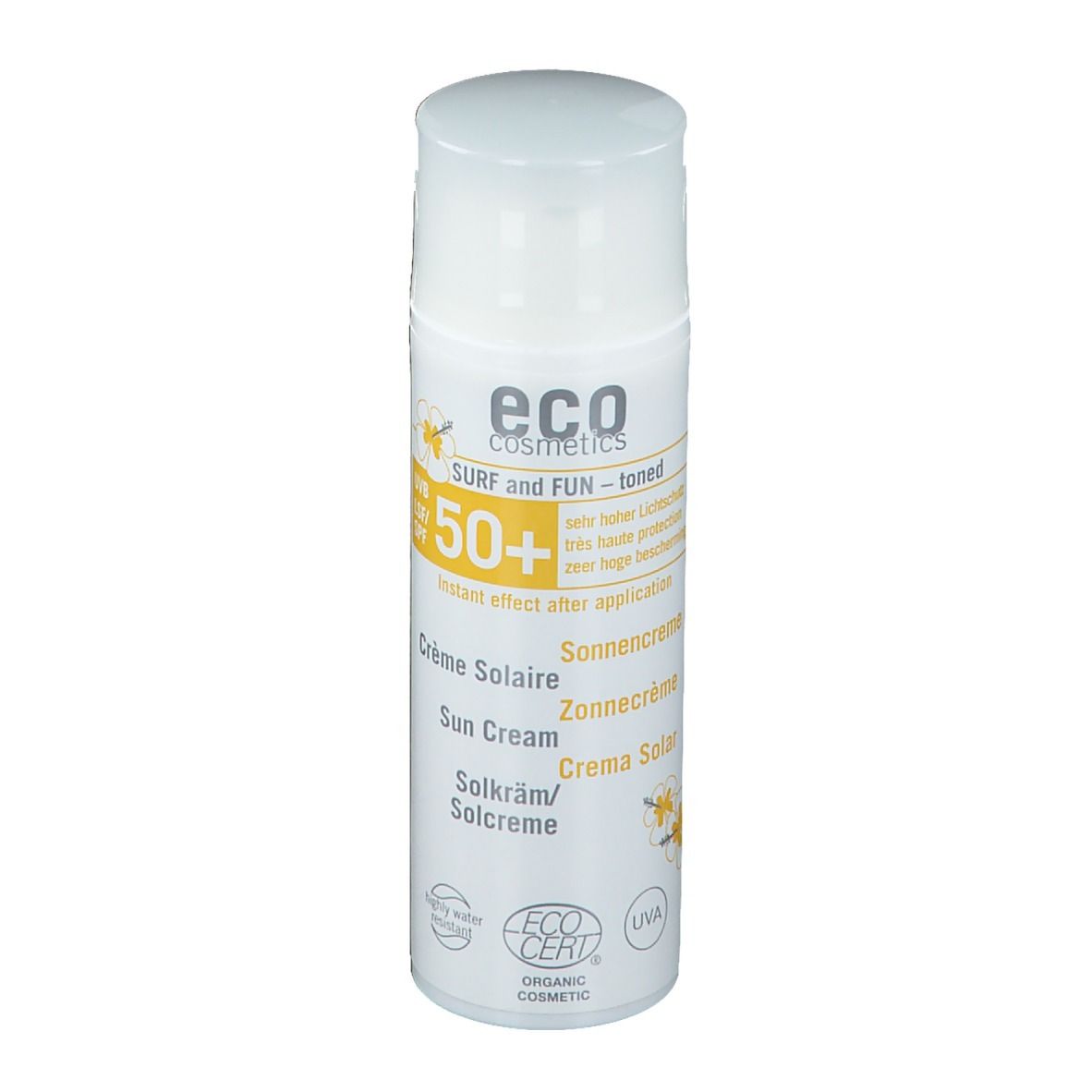 Flacon de crème solaire blanc avec détails jaunes. Texte: "eco cosmetics", "SPF 50+", "Crème Solaire".