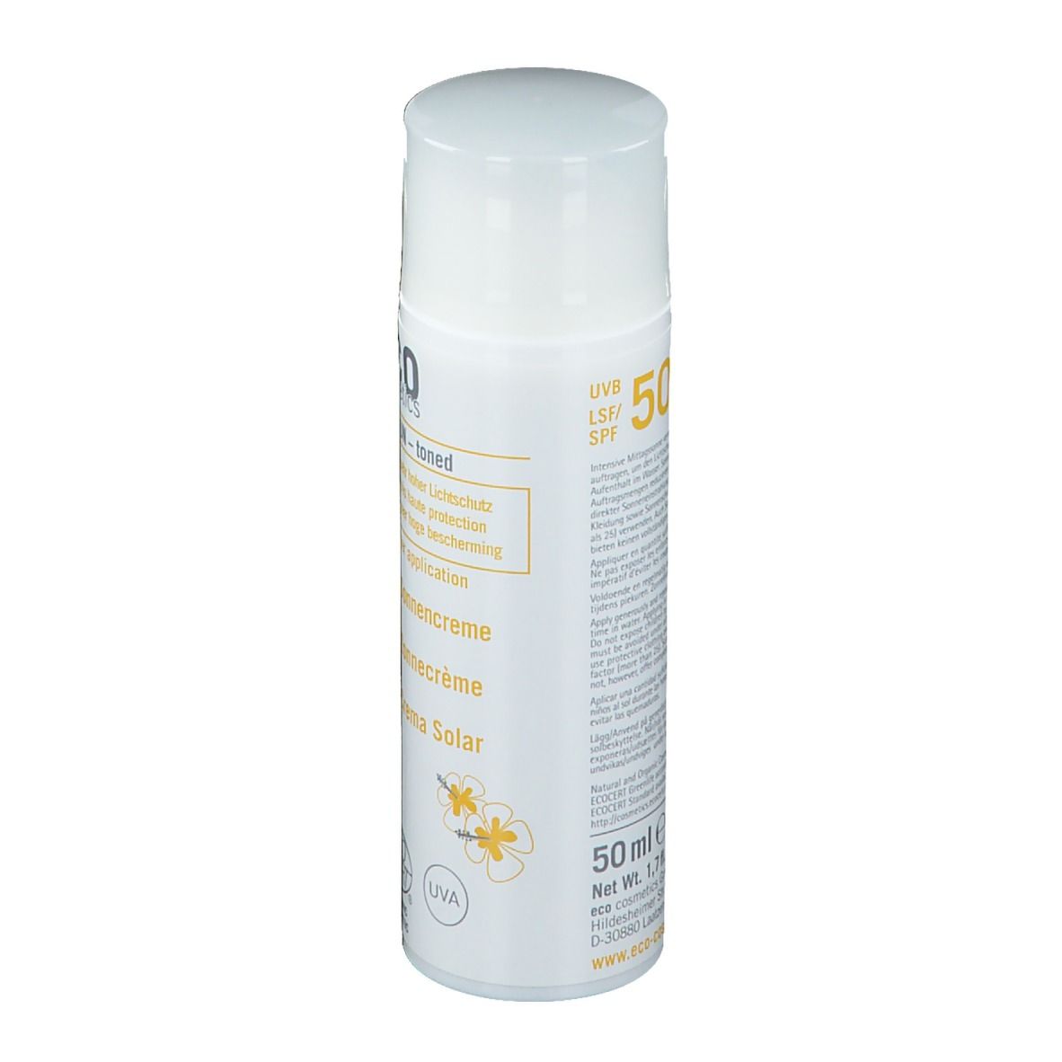 Flacon de crème solaire blanc avec détails jaunes. Texte: "eco cosmetics", "SPF 50+", "50 ml".