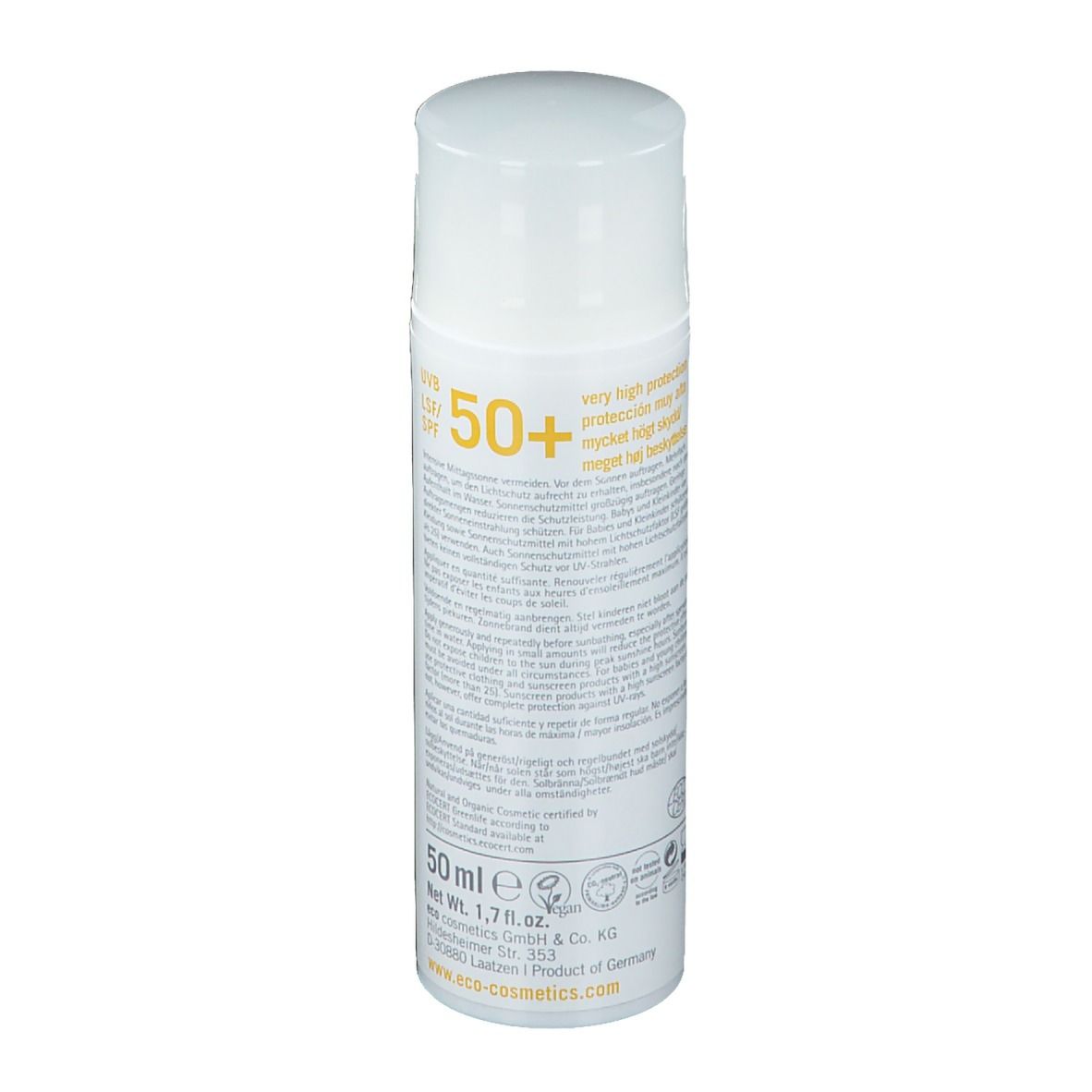 Flacon de crème solaire blanc avec détails jaunes. Texte: "eco cosmetics", "50 ml", "Product of Germany".