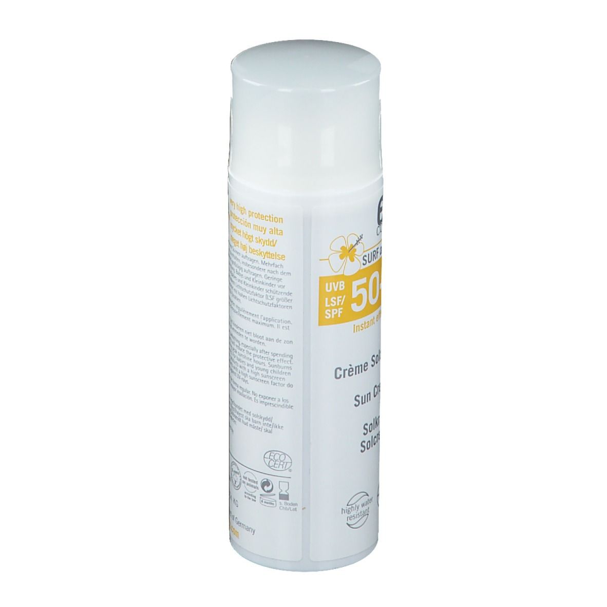 Flacon de crème solaire blanc avec détails jaunes. Texte: "eco cosmetics", "SPF 50+", "Crème Solaire".