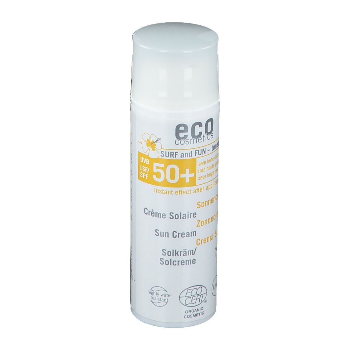 Flacon de crème solaire blanc avec détails jaunes. Texte: "eco cosmetics", "SPF 50+", "Crème Solaire".