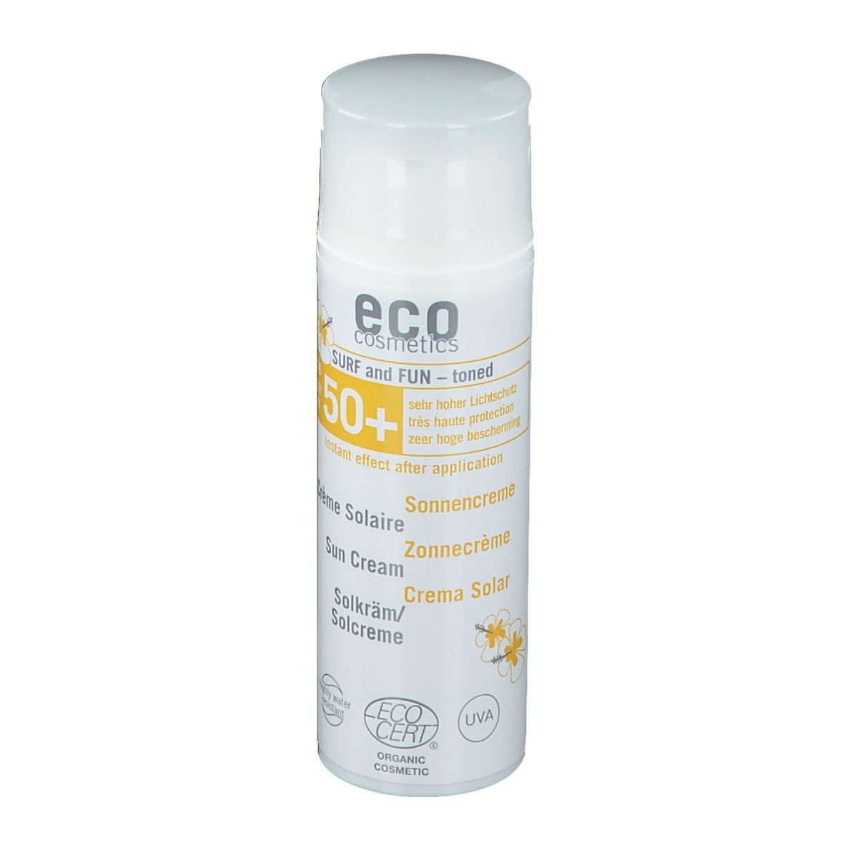 Flacon de crème solaire blanc avec détails jaunes. Texte: "eco cosmetics", "SPF 50+", "Crème Solaire".