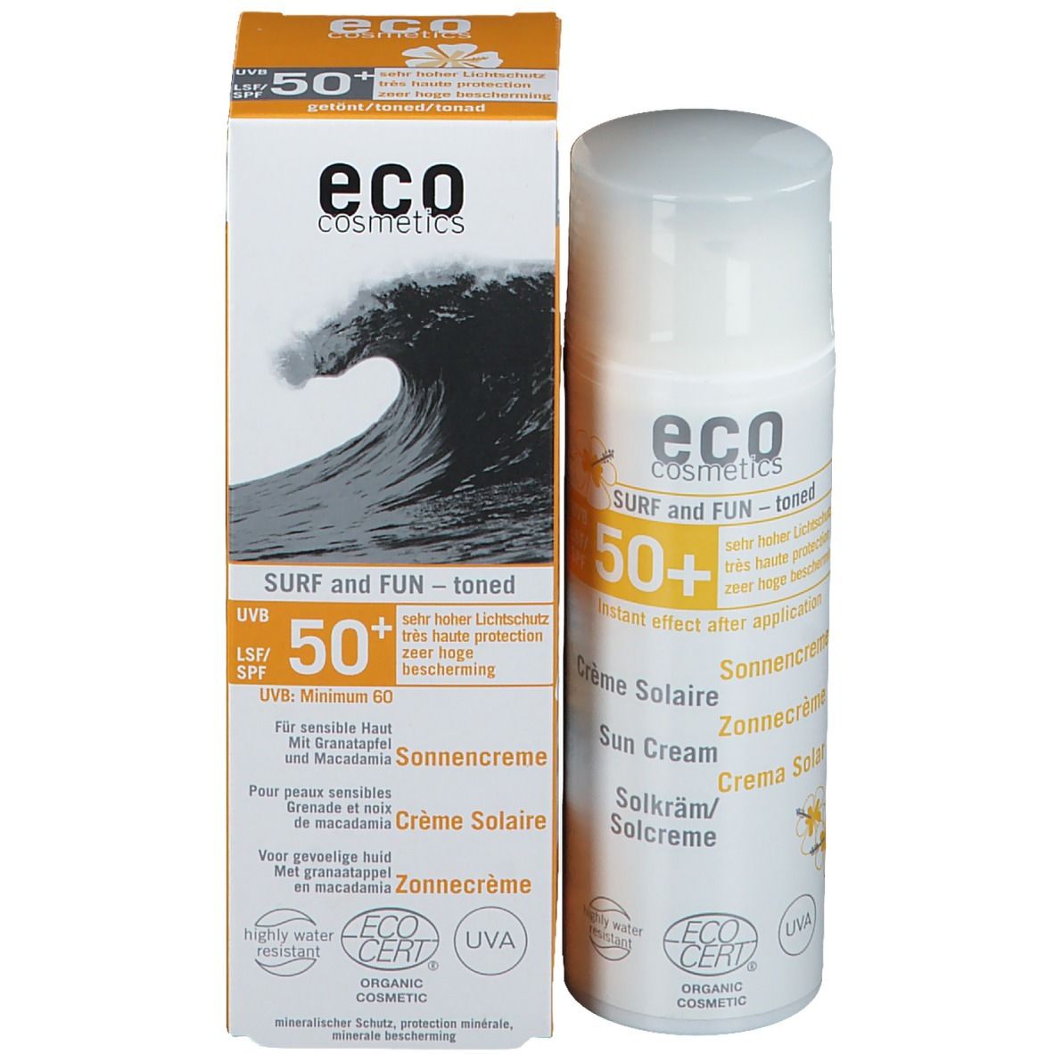 Flacon et emballage de crème solaire. Texte: "eco cosmetics", "SPF 50+", "Crème Solaire", "UVA".