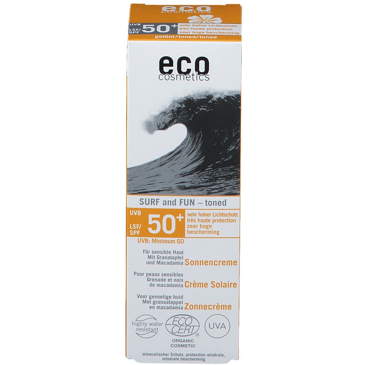 Emballage de crème solaire. Texte: "eco cosmetics", "SPF 50+", "Crème Solaire", "UVA", motif vagues.