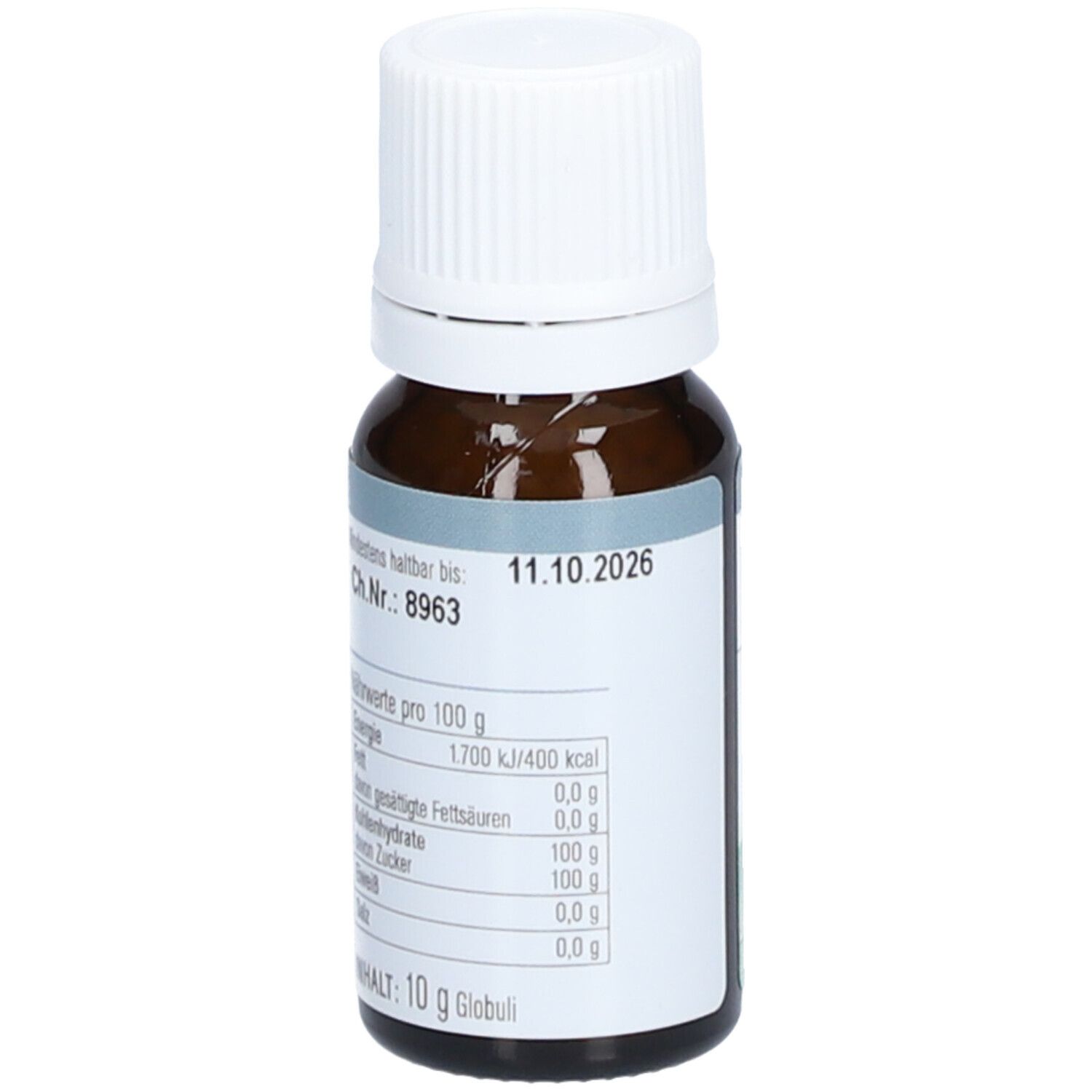 Flacon en verre brun avec bouchon blanc. Étiquette avec informations nutritionnelles et date de péremption. Contenu : 10 g.