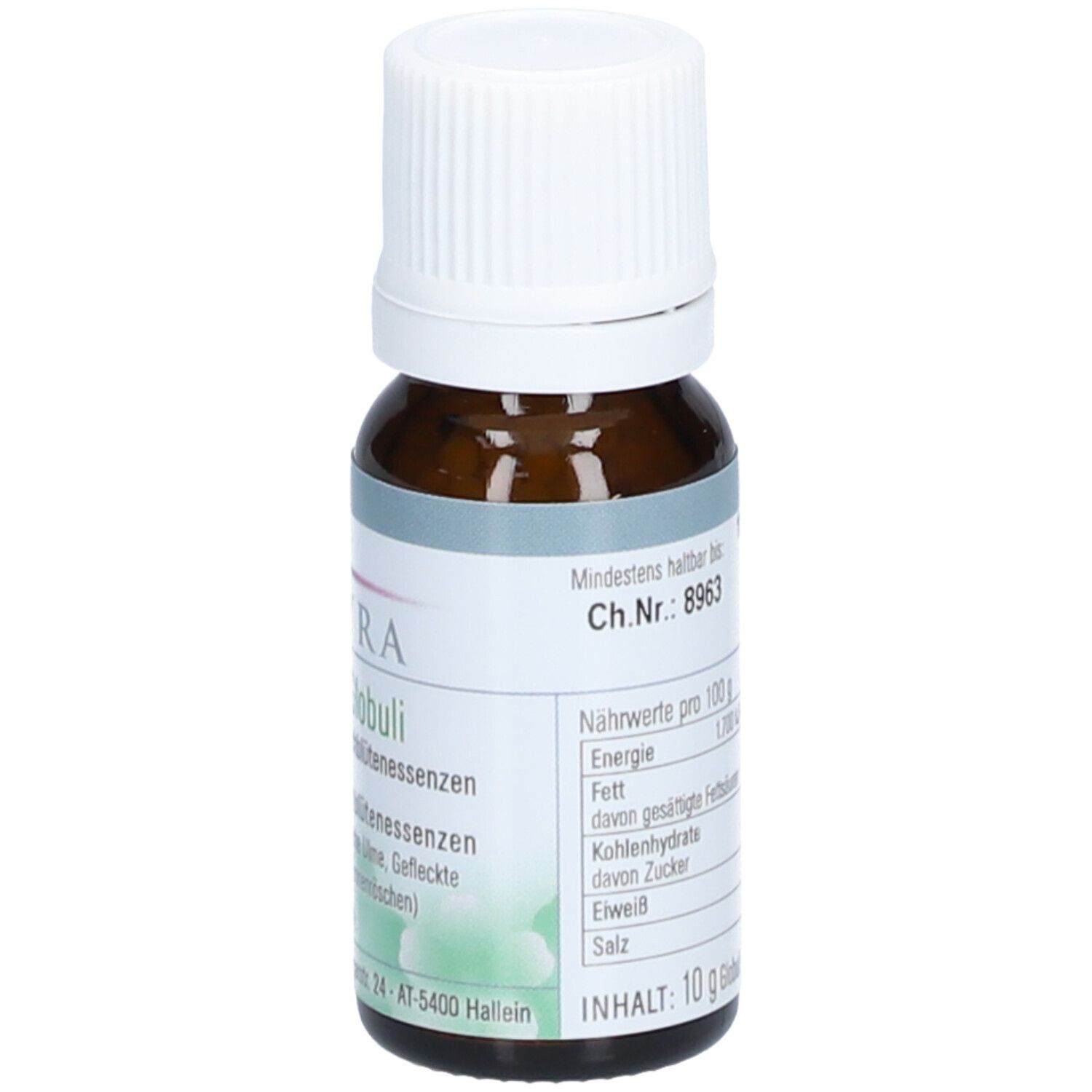Flacon en verre brun avec bouchon blanc. Étiquette avec informations nutritionnelles et date de péremption. Contenu : 10 g.