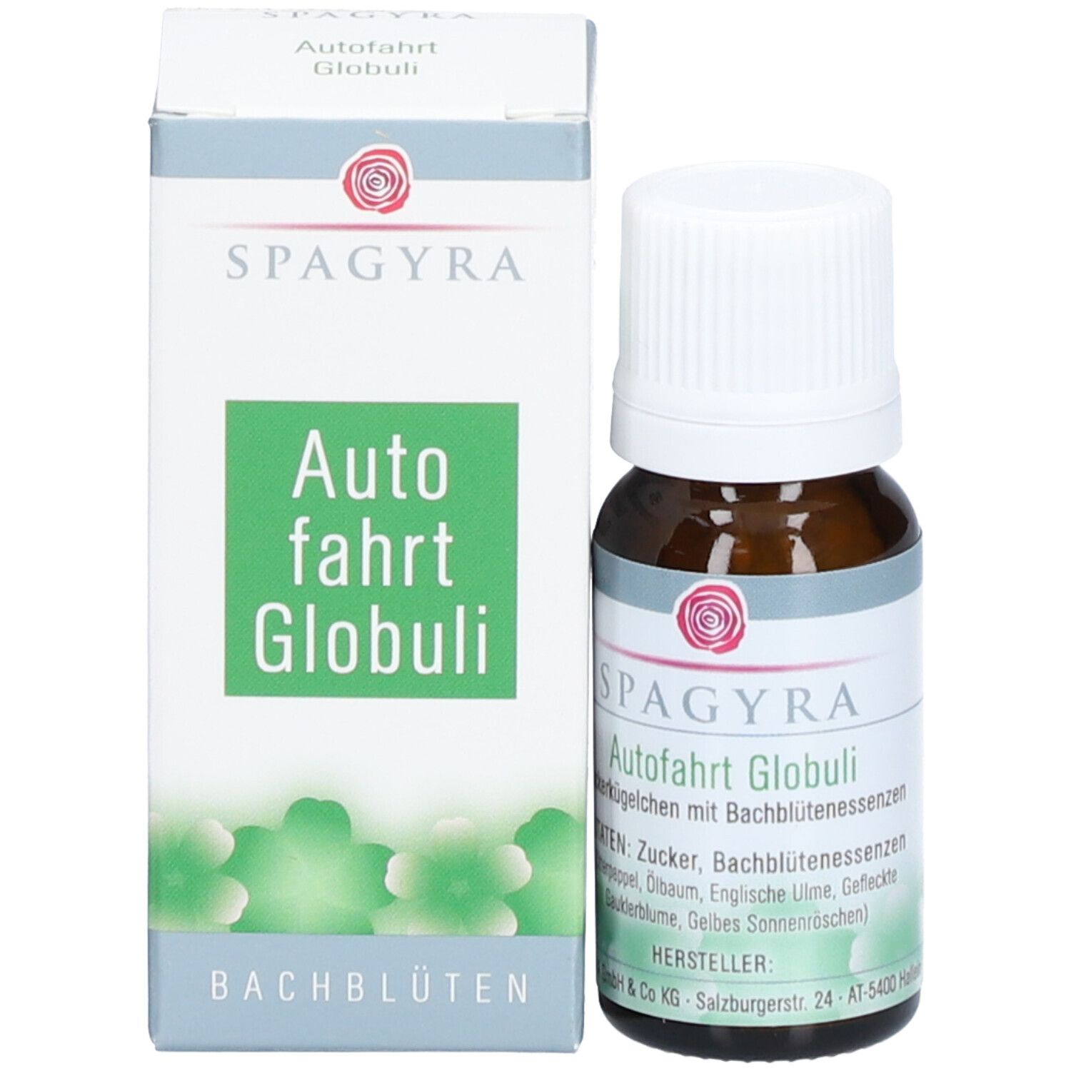 Flacon et boîte du produit. Boîte avec nom du produit et logo. Flacon : verre brun, bouchon blanc.