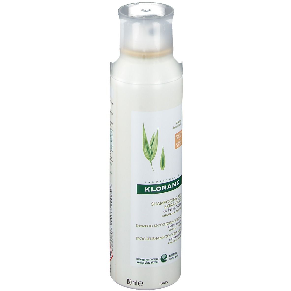 Weißes Spray mit transparentem Deckel. Aufschrift: Klorane, Trockenshampoo mit Hafermilch. Abbildung von Haferblättern.