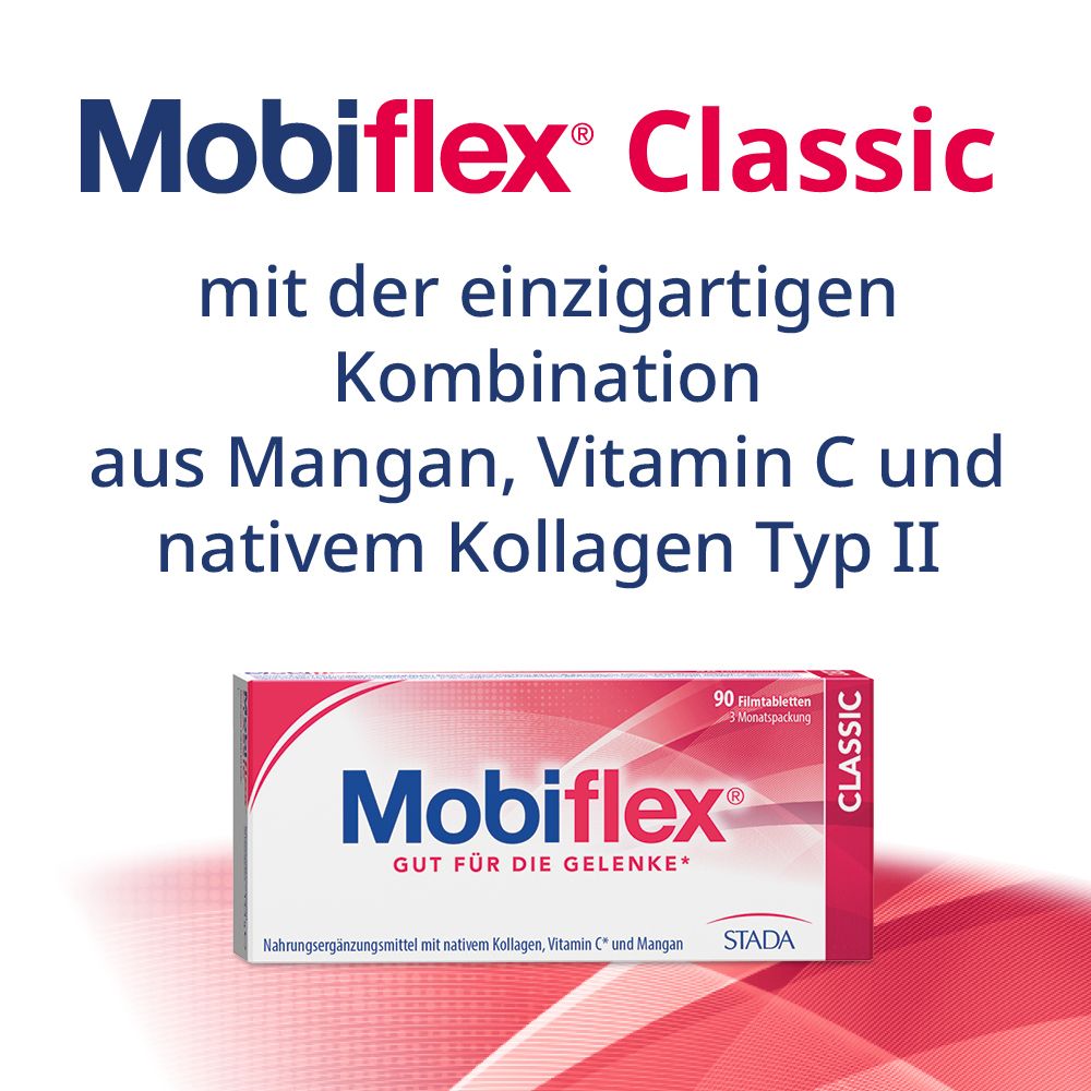 Werbebild mit Mobiflex Classic-Verpackung. Text: Mit der einzigartigen Kombination aus Mangan, Vitamin C und nativem Kollagen Typ II.