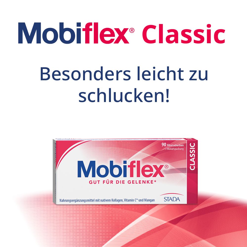 Werbebild mit Mobiflex Classic-Verpackung. Text: Besonders leicht zu schlucken!