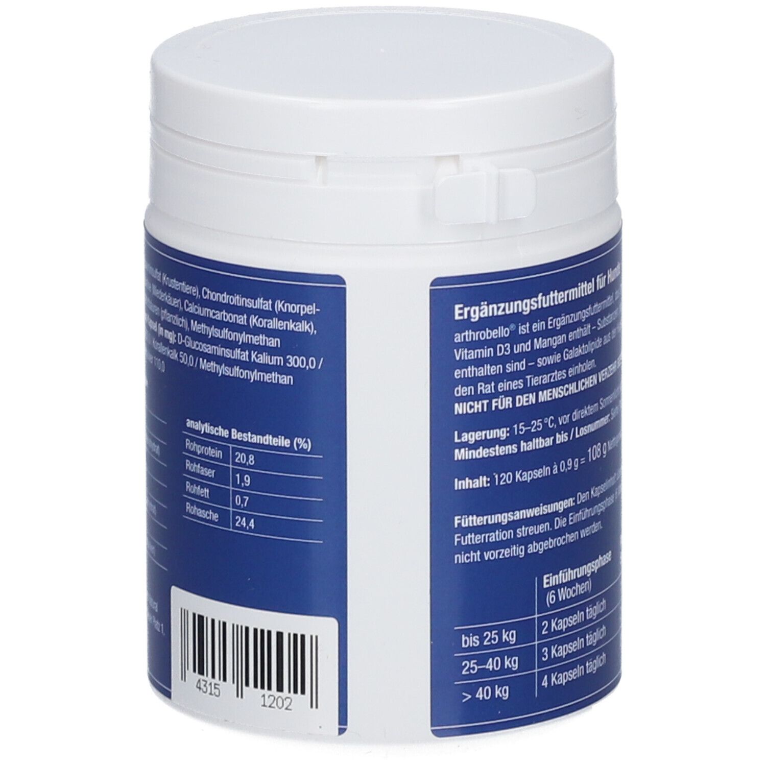 Boîte blanche et bleue. Texte: Composants analytiques. Ingrédients. Conseils de stockage. Code-barres.