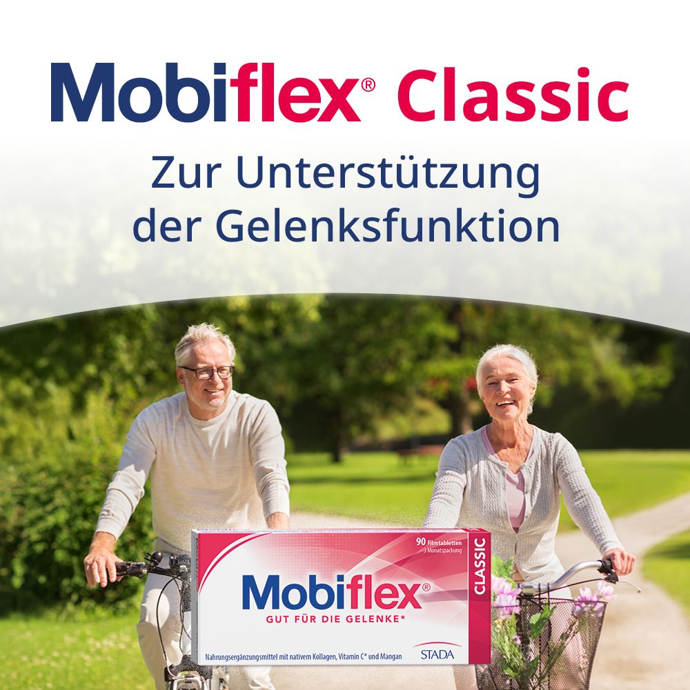 Paquet Mobiflex Classic. Couple de personnes âgées à vélo. Texte: Pour soutenir la fonction articulaire.