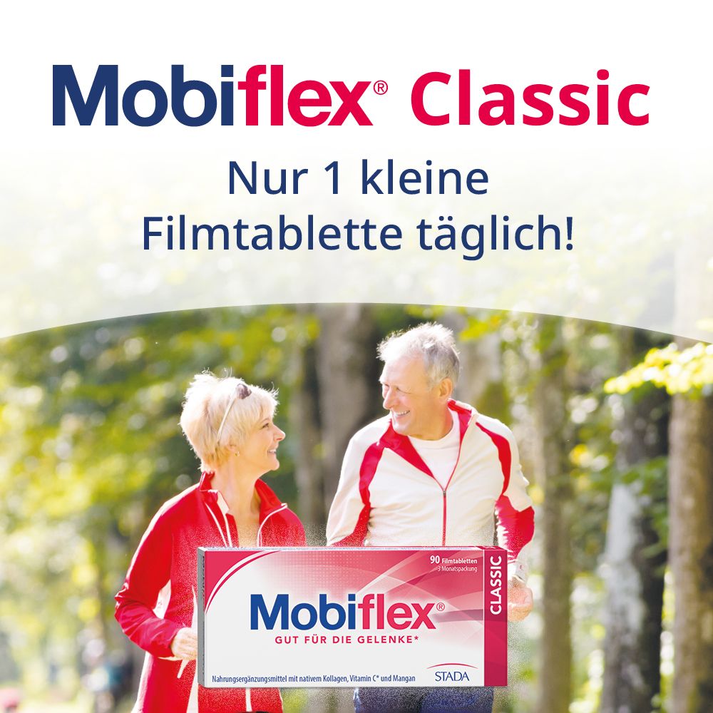 Paquet Mobiflex Classic. Couple de personnes âgées qui courent. Texte: Seulement 1 petit comprimé pelliculé par jour!